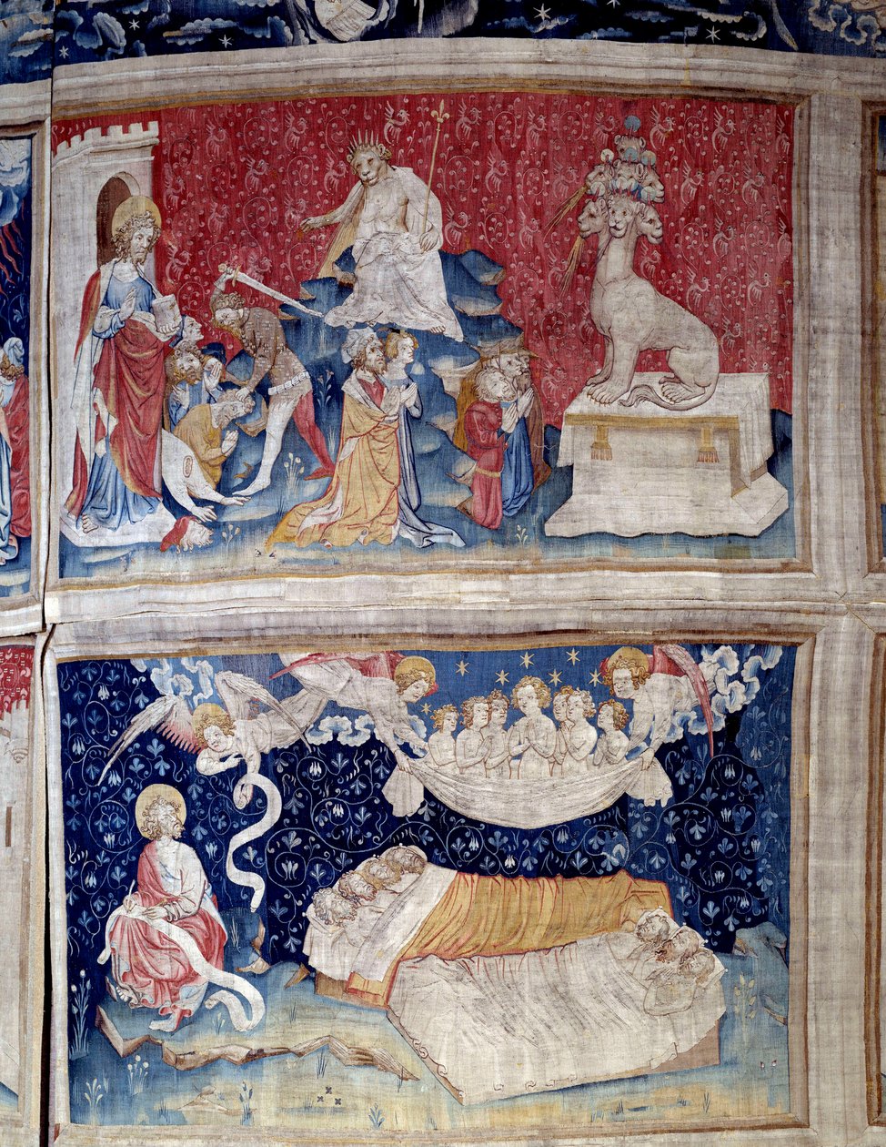 Powieszenie Objawienia (1373-1383). N. 44 wysoki: bete ma siedem głów. N. 51 niski: Sen sprawiedliwych. Gobelin autorstwa Nicolasa Bataille