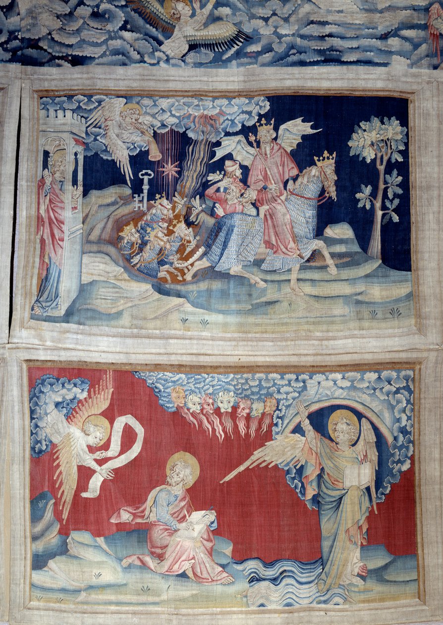 Powieszenie Objawienia (1373-1383), nr. 24: piąta trąbka: klucz uwalnia koniki polne. Poniżej rz. 27, Anioł w księdze ukazuje się św. Janowi, który przepisuje boskie przesłanie na dźwięk siedmiu tonererów. Gobelin autorstwa Nicolasa Bataille