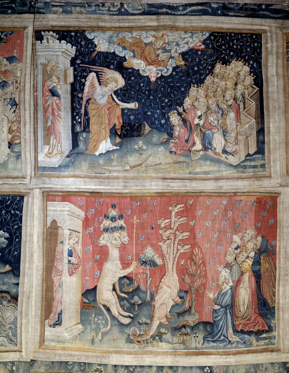 Powieszenie Objawienia (1373-1383), nr. 24: siódma trąbka. N. 39: Adoracja Smoka. Gobelin autorstwa Nicolasa Bataille