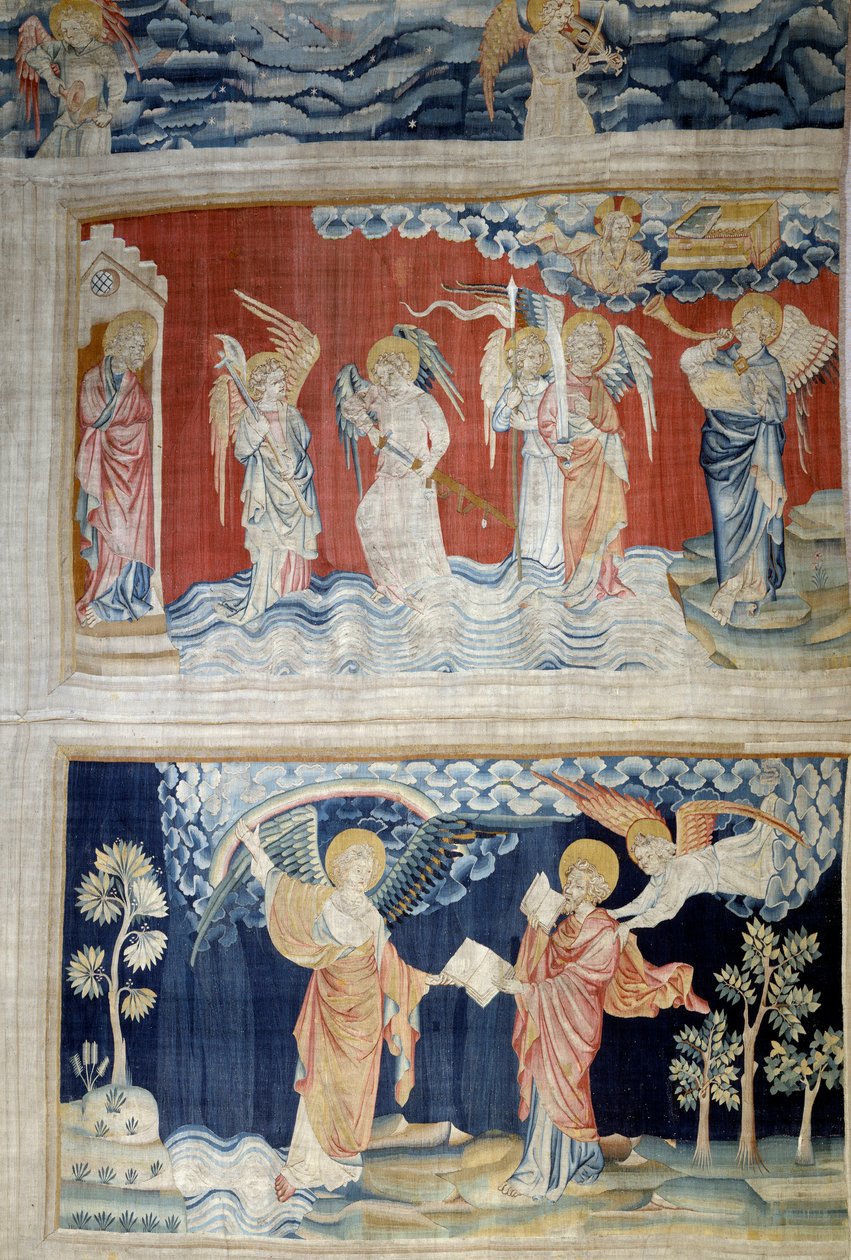 Powieszenie Objawienia (1373-1383), nr. 25: szósta trąba, aniołowie Eufratu. Poniżej rz. 28 Anioł przekazuje księgę św. Janowi, który ją poświęca. Gobelin autorstwa Nicolasa Bataille