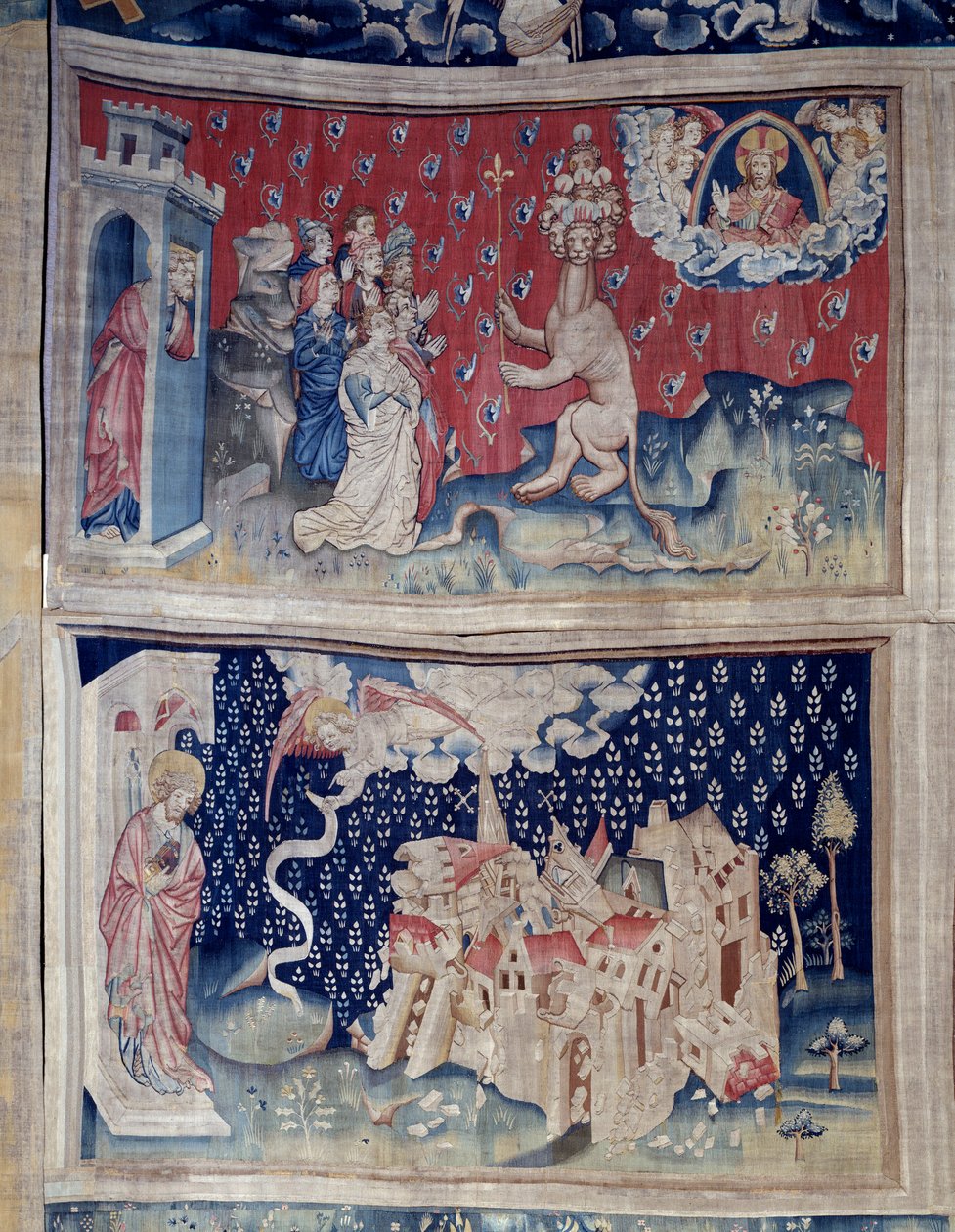 Powieszenie Objawienia (1373-1383), nr. 42: Adoracja Bete (?). N. 49: upadek Babilonu. Gobelin autorstwa Nicolasa Bataille