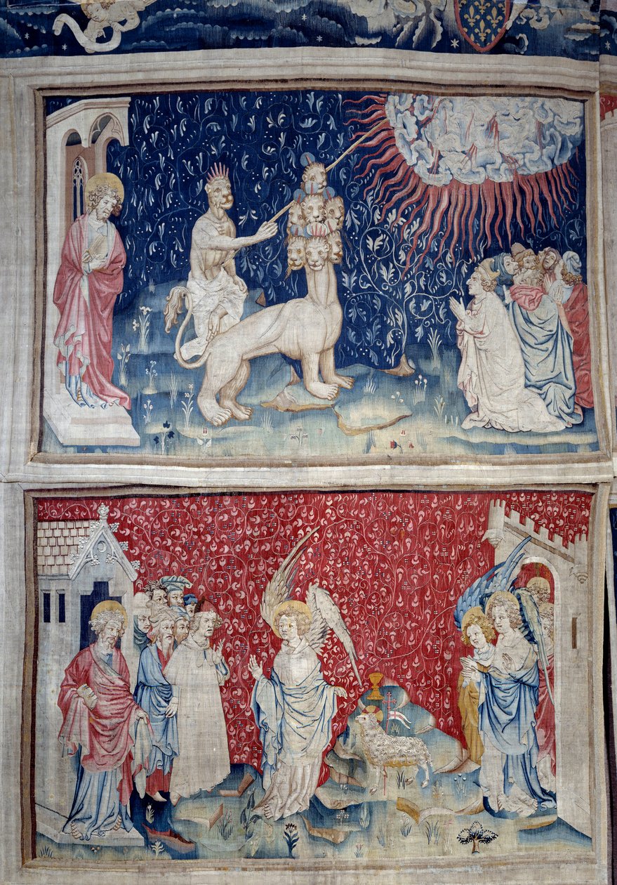Powieszenie Objawienia (1373-1383), nr. 44: Bete ziemi powoduje, że ogień spada z nieba. Poniżej rz. 51, trzeci anioł i baranek. Gobelin autorstwa Nicolasa Bataille