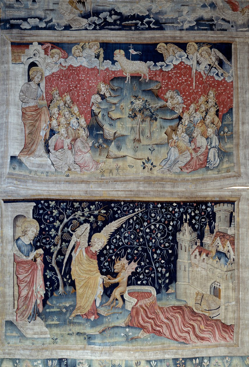 Powieszenie Objawienia (1373-1383), nr. 47: Baranek na Górze Syjon. Poniżej rz. 55, Anioł podnosi winorośl ziemi, która wlała się do wielkiej kadzi gniewu Bożego, kadź przepełnia się i krew spływa. Gobelin autorstwa Nicolasa Bataille