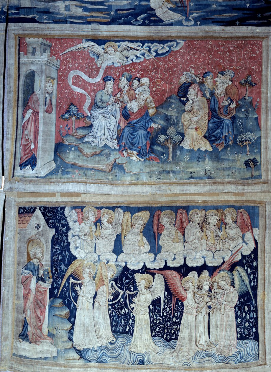 Powieszenie Objawienia (1373-1383), nr. 49: pierwszy anioł ogłasza zwycięstwo. Poniżej rz. 56, siedmiu aniołów niesie siedem butelek Bożego gniewu. Gobelin autorstwa Nicolasa Bataille
