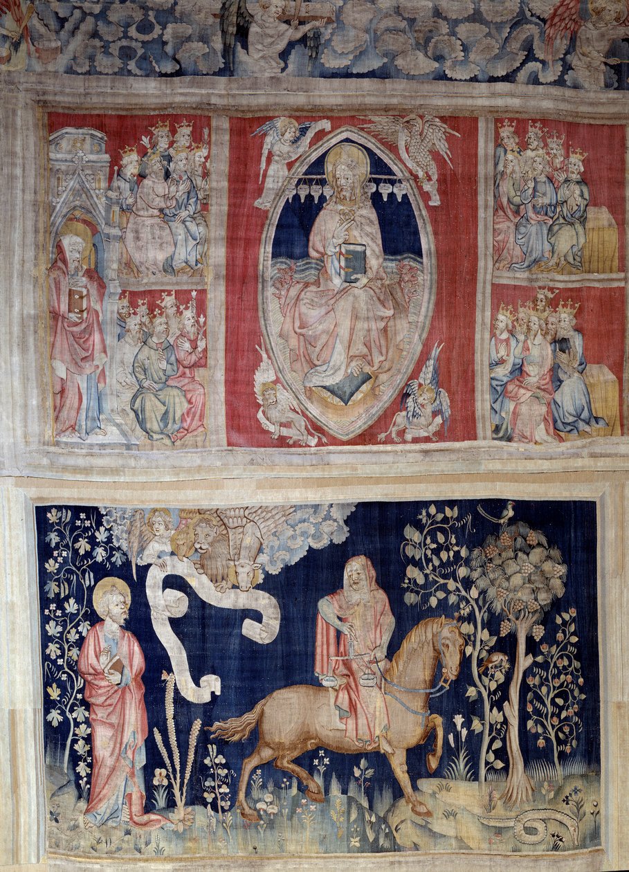 Powieszenie Objawienia (1373-1383), nr. 4: przedstawienie Chrystusa w majestacie (Jezus Chrystus w chwale przedstawiony jest w mandorli) lub tetramorficzny. N. 9: czerwony koń i wojna. Gobelin autorstwa Nicolasa Bataille