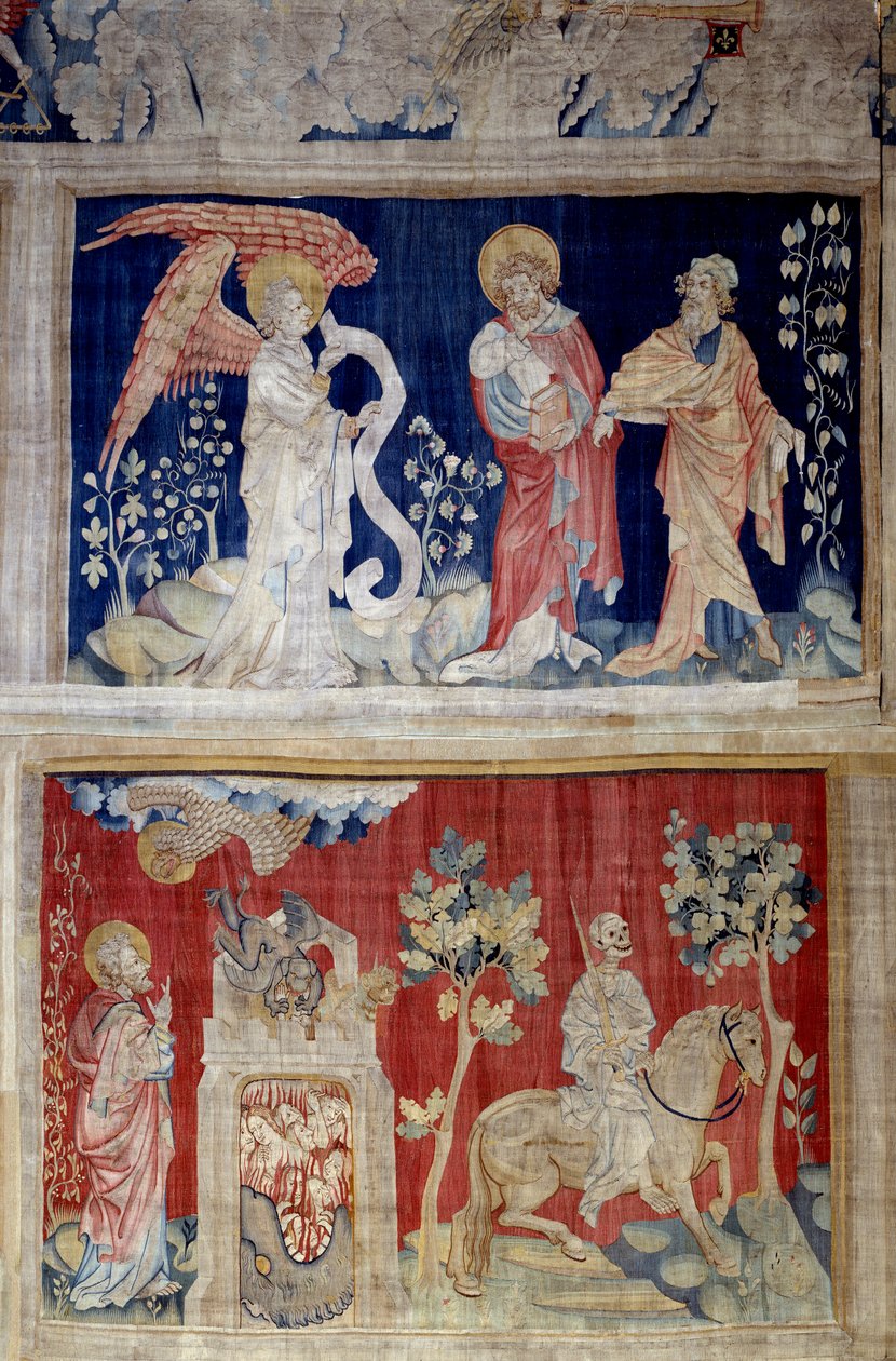 Zawieszenie Apokalipsy (1373-1383), nr 6 i nr 10: nr 6 wysoki: Jan płacze z powodu niemożności otwarcia księgi, starzec konsoluje; nr 10 niski: Śmierć pozostawia za sobą miejsce cierpienia). Gobelin Nicolasa Bataille