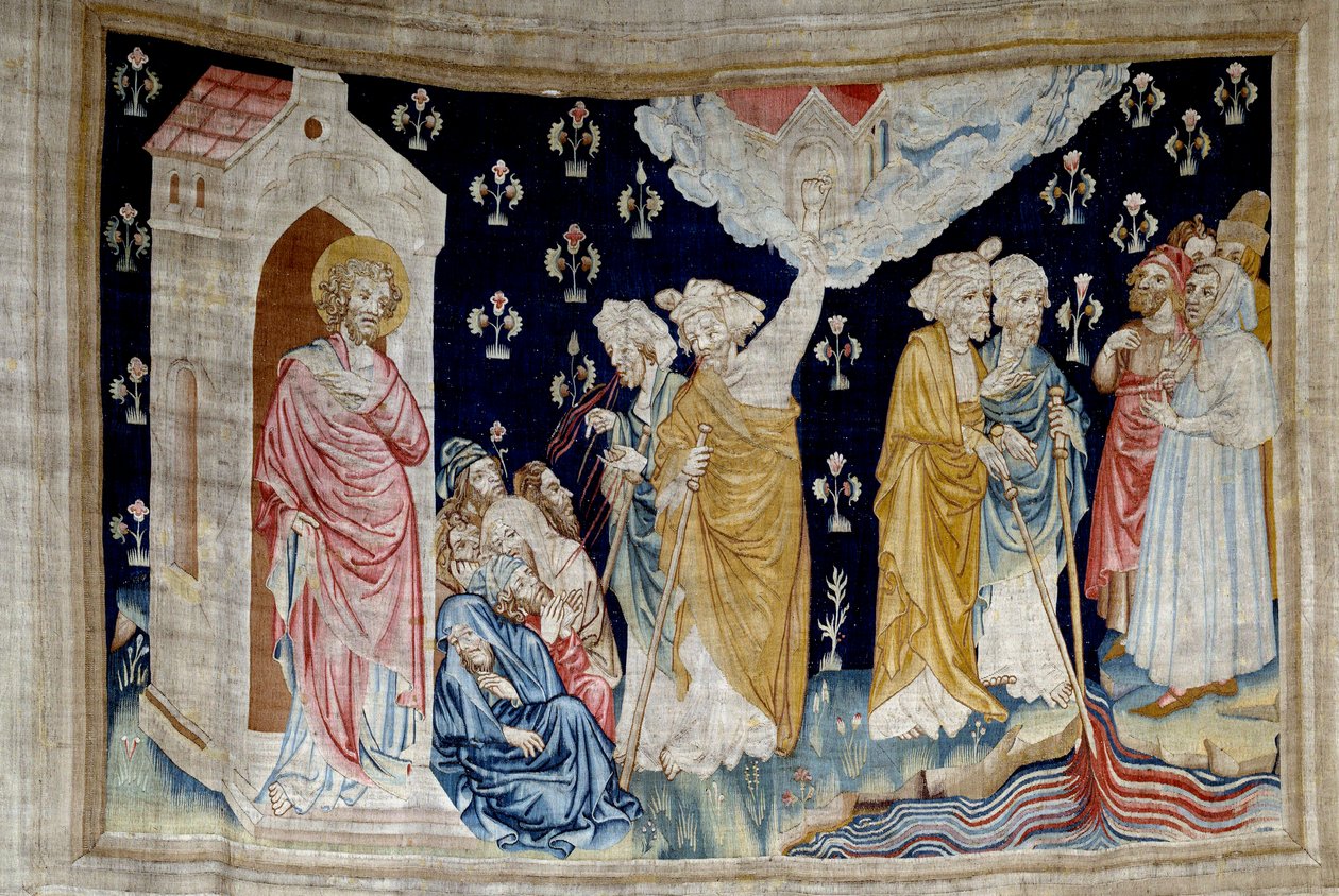 Powieszenie Objawienia (1373-1383), nr. 28: cud. Fidele, słudzy Boga i prorocy, patrzą na rzekę zamienioną w krew. Gobelin autorstwa Nicolasa Bataille