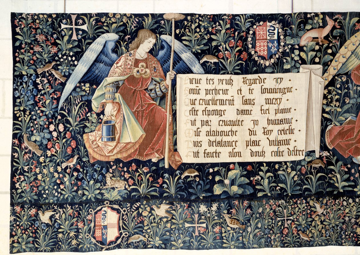 Powieszenie Objawienia (1373-1383), aniołowie niosący narzędzia Męki Pańskiej. Gobelin autorstwa Nicolasa Bataille