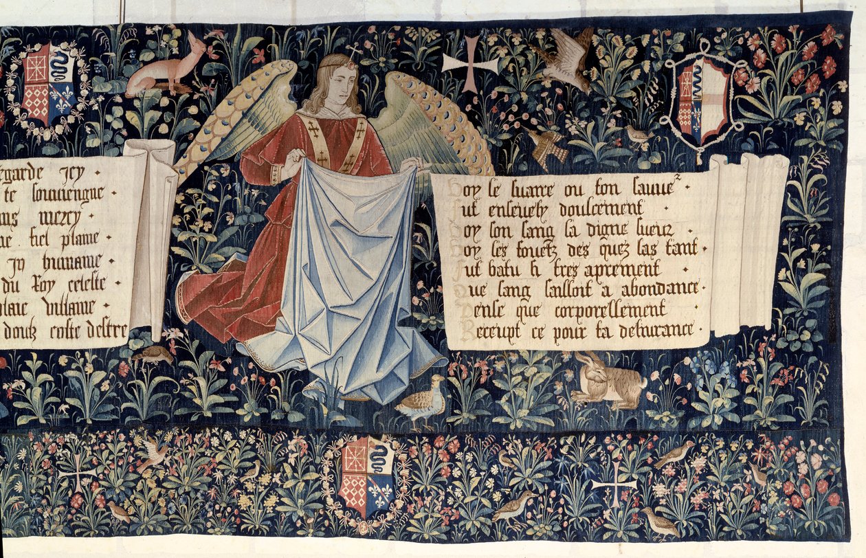 Powieszenie Objawienia (1373-1383), aniołowie niosący narzędzia Męki Pańskiej. Gobelin autorstwa Nicolasa Bataille
