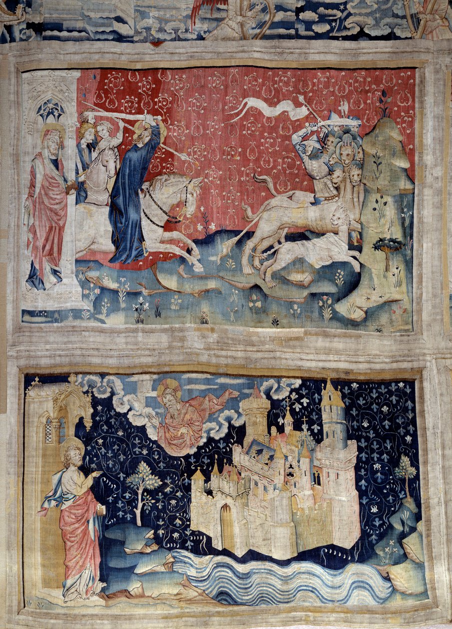 Powieszenie Objawienia (1373-1383), nr. 69: czasownik Boga ładuje Betes. N. 73: Święte Miasto lub Nowa Jerozolima. Gobelin autorstwa Nicolasa Bataille