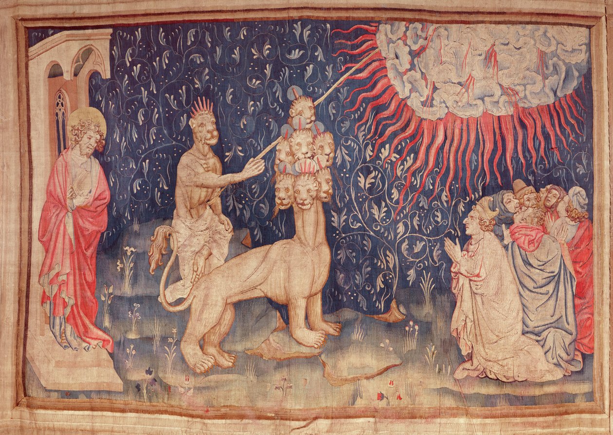 Bestia z Ziemi sprawia, że ogień spada z nieba, z Apokalipsy Gobelinu gniewu, 1373-87 (gobelin) autorstwa Nicolas Bataille