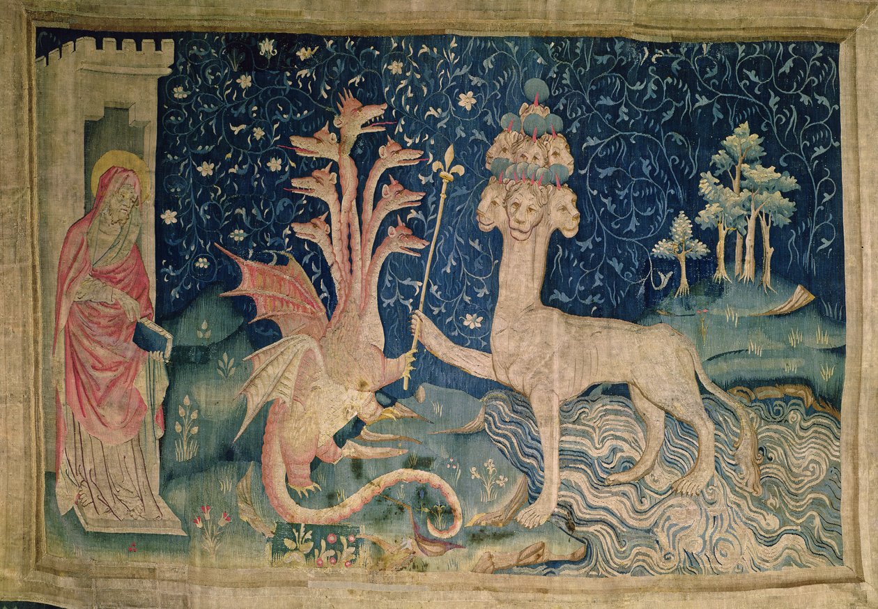 Bestia morska z siedmioma głowami i dziesięcioma koronami, nr 40 z „Apokalipsy gniewu”, 1373-87 (gobelin) autorstwa Nicolas Bataille