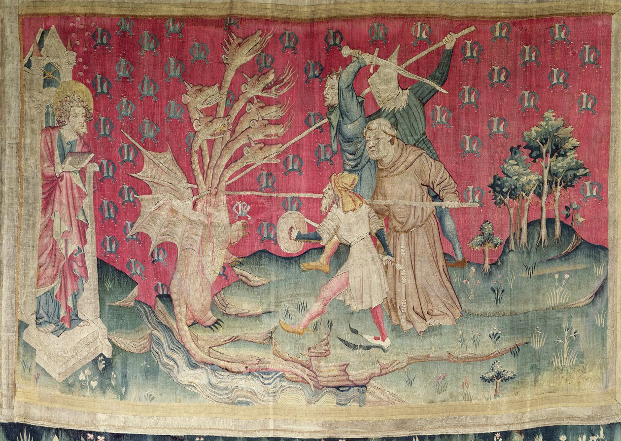 Smok walczący ze sługami Bożymi, nr. 39 z „Apokalipsy gniewu”, 1373-87 (gobelin) autorstwa Nicolas Bataille