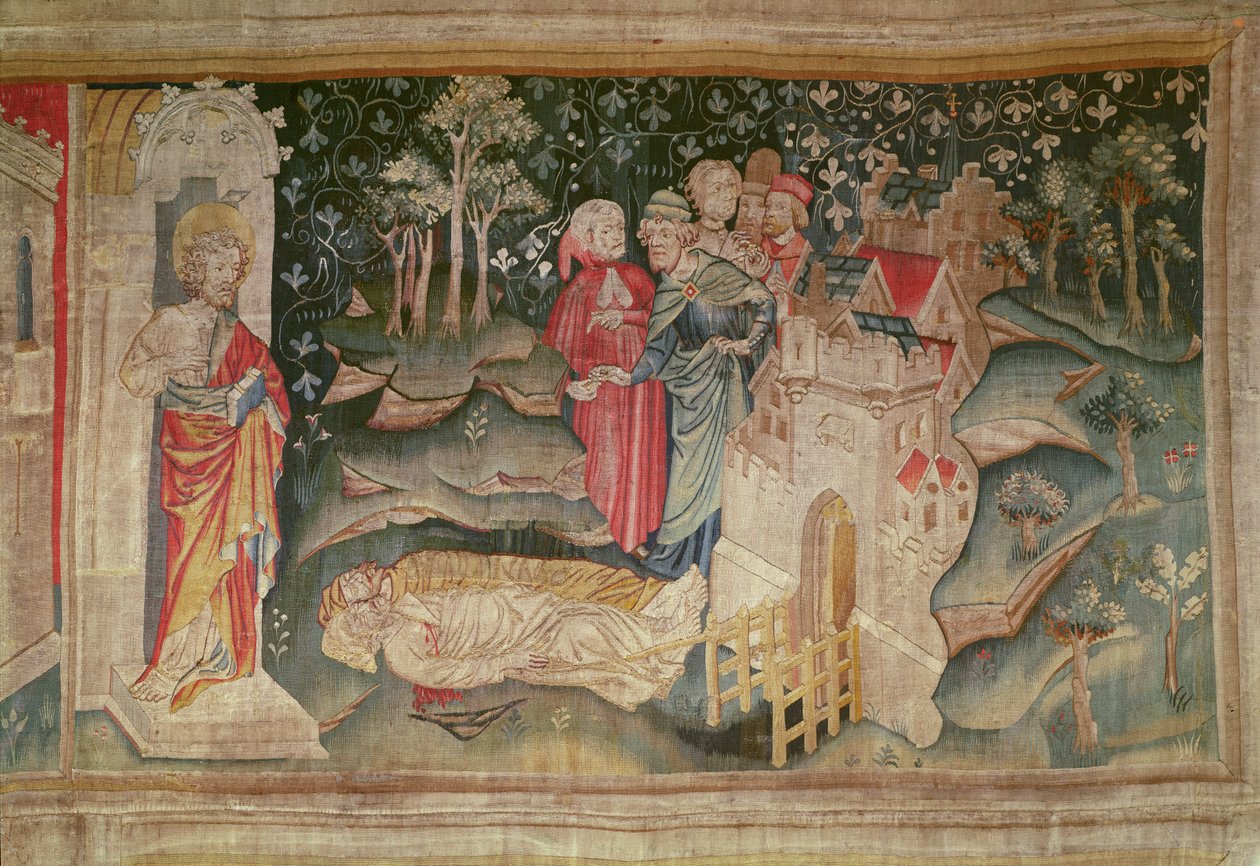 Radość ludzi po śmierci dwóch świadków, nr. 32 z Apokalipsy gniewu, 1373-87 autorstwa Nicolas Bataille