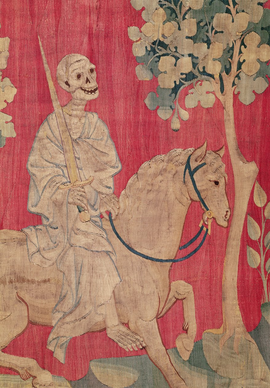 Siny koń i śmierć, z apokalipsy gobelinu gniewów, 1373-87 (gobelin) autorstwa Nicolas Bataille