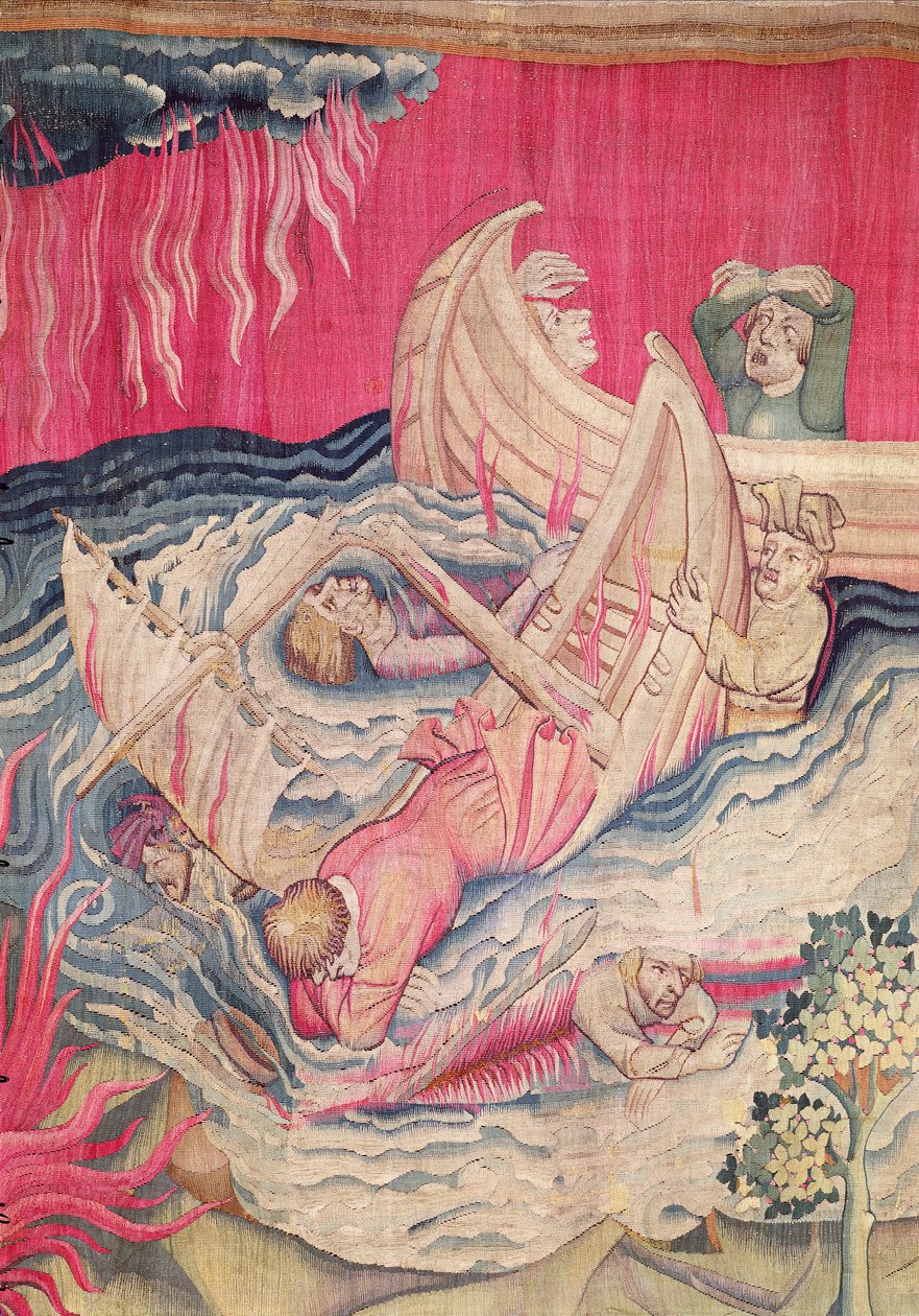 Druga trąba i wrak, fragment tonących statków, nr 21 z Apokalipsy gniewu, gobelin 1373-87 autorstwa Nicolas Bataille
