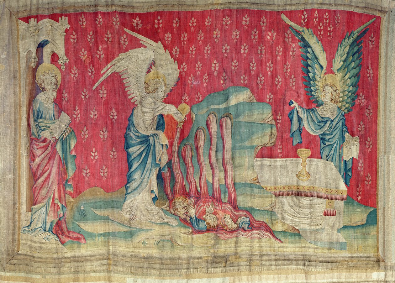 Druga i trzecia czasza wylana na morze i wody, nr 59 z "Apokalipsy z Angers", 1373-87 (gobelin) autorstwa Nicolas Bataille