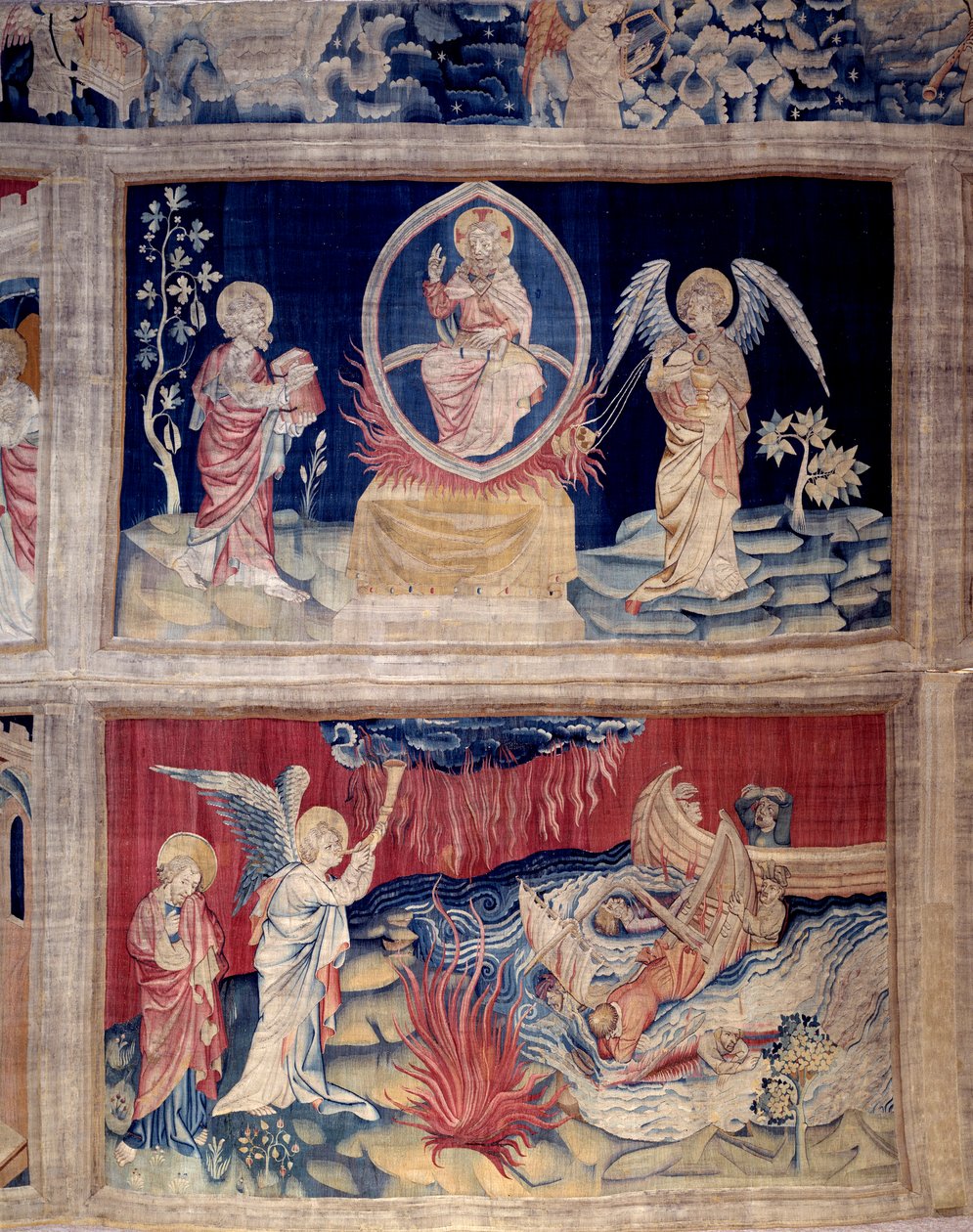 Kurtyna Objawienia (1373-1383), nr. 15 i 18: Bóg i św. Jan płaczą, gdy widzą katastrofę. Gobelin autorstwa Nicolasa Bataille