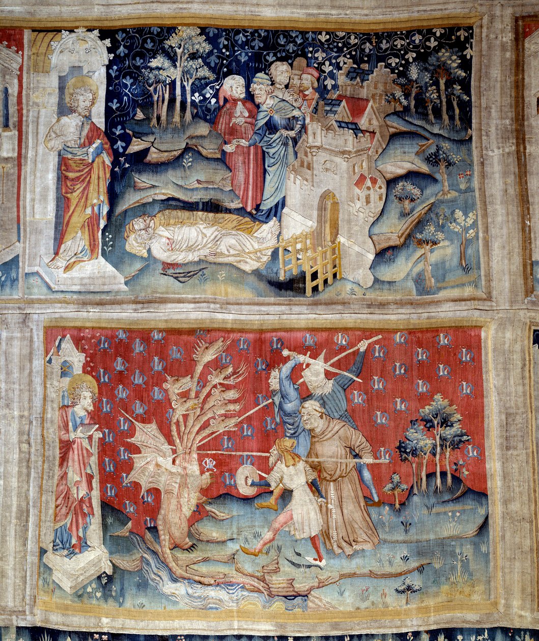 Zasłona Apokalipsy: trupy leżą na ziemi, smok walczy ze sługami Boga wcielonymi przez mnicha i świeckich. 1373-1383. wykonane przez Nicolasa Bataille