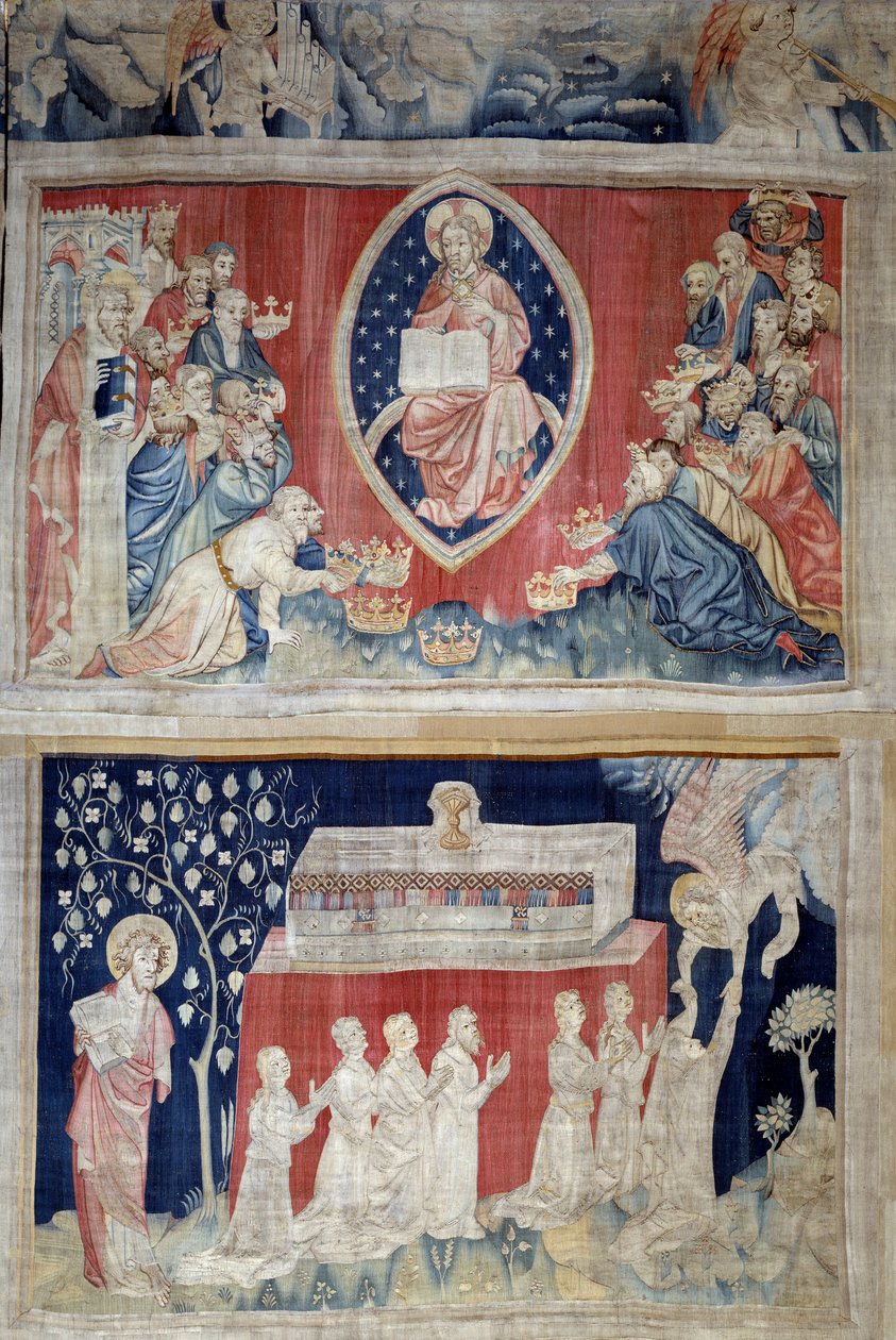 Zasłona Objawienia (1373-1383), nr. 5: starcy padają na twarz przed Chrystusem w majestacie (Jezus Chrystus w chwale jest przedstawiony w mandorli). N. 11: dusze męczenników. Gobelin autorstwa Nicolasa Bataille