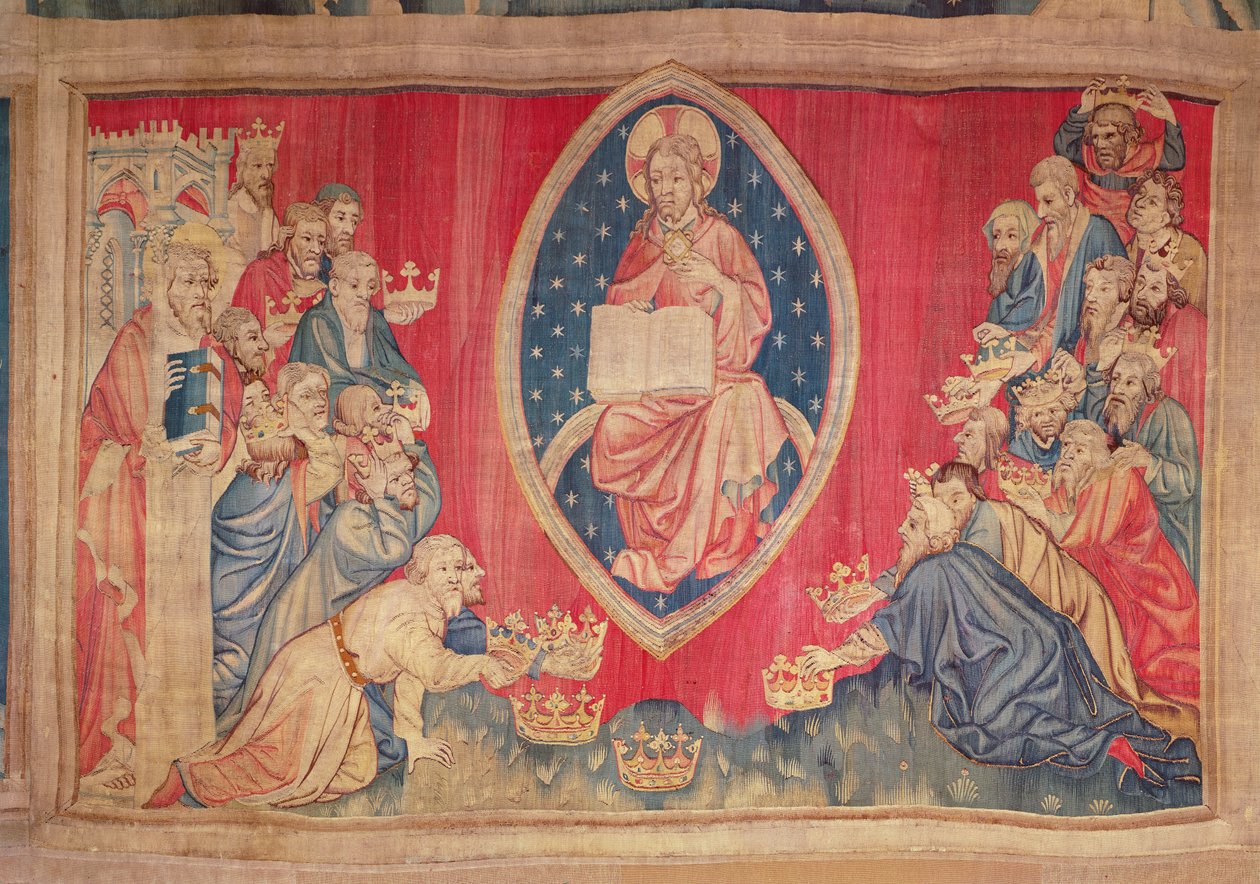 Dwudziestu czterech starszych klęka przed Bogiem, z gobelinu Apokalipsa w Angers, 1373-87 (gobelin) autorstwa Nicolas Bataille