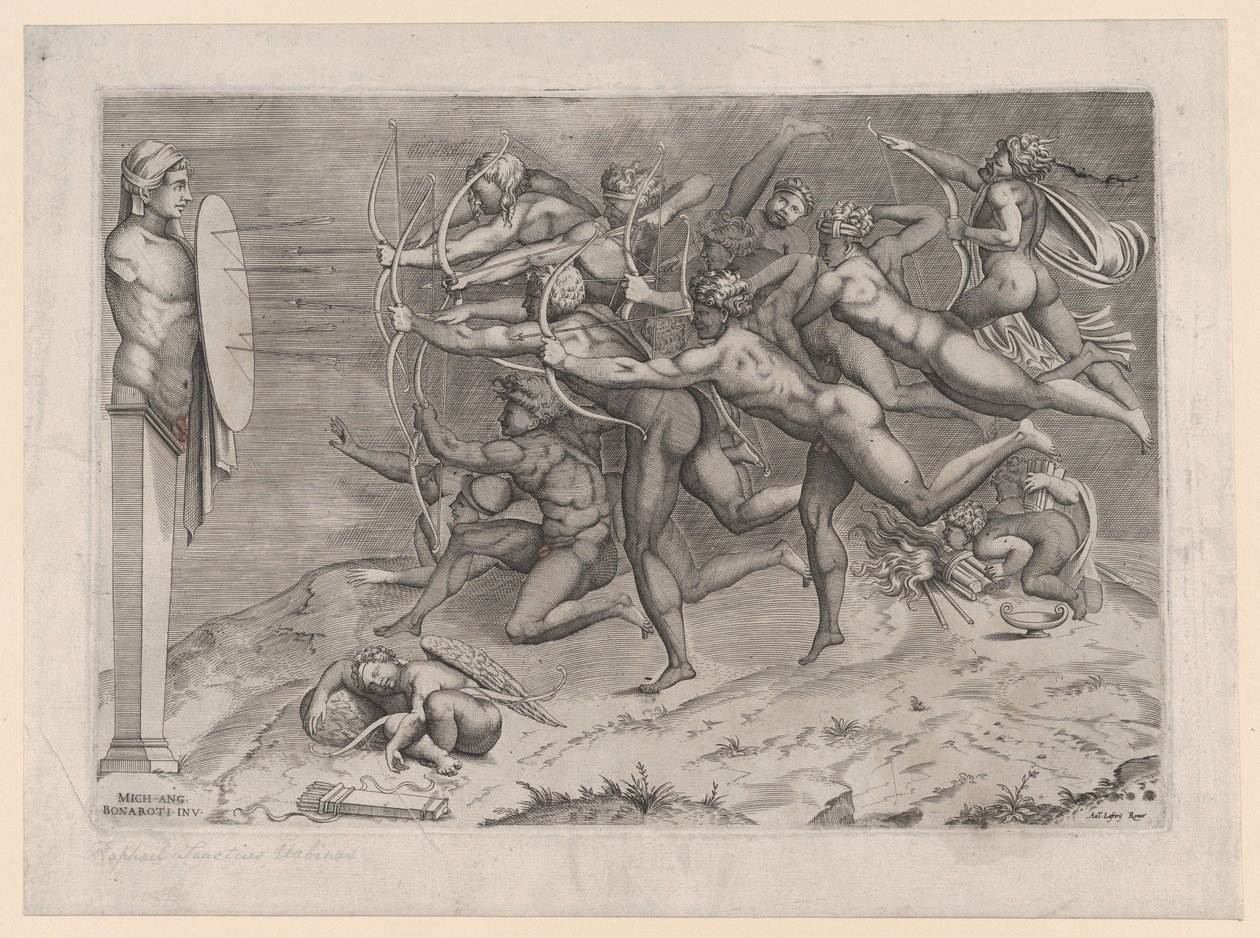 Nadzy łucznicy strzelający do tarczy przymocowanej do hermy, pod nią śpi Kupidyn, ewent...., ca. 1540-60. autorstwa Nicolas Beatrizet