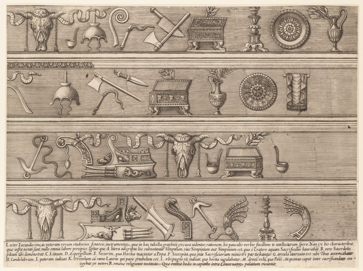 Lustro rzymskiej wspaniałości: instrumenty ofiarne oparte na starożytnych reliefach Sc..., ca. 1550-75. autorstwa Nicolas Beatrizet.