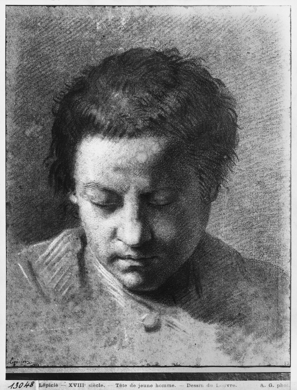 Głowa młodego mężczyzny patrzącego w dół (pierre noire i białe pasemka na szarym papierze) autorstwa Nicolas Bernard Lepicie