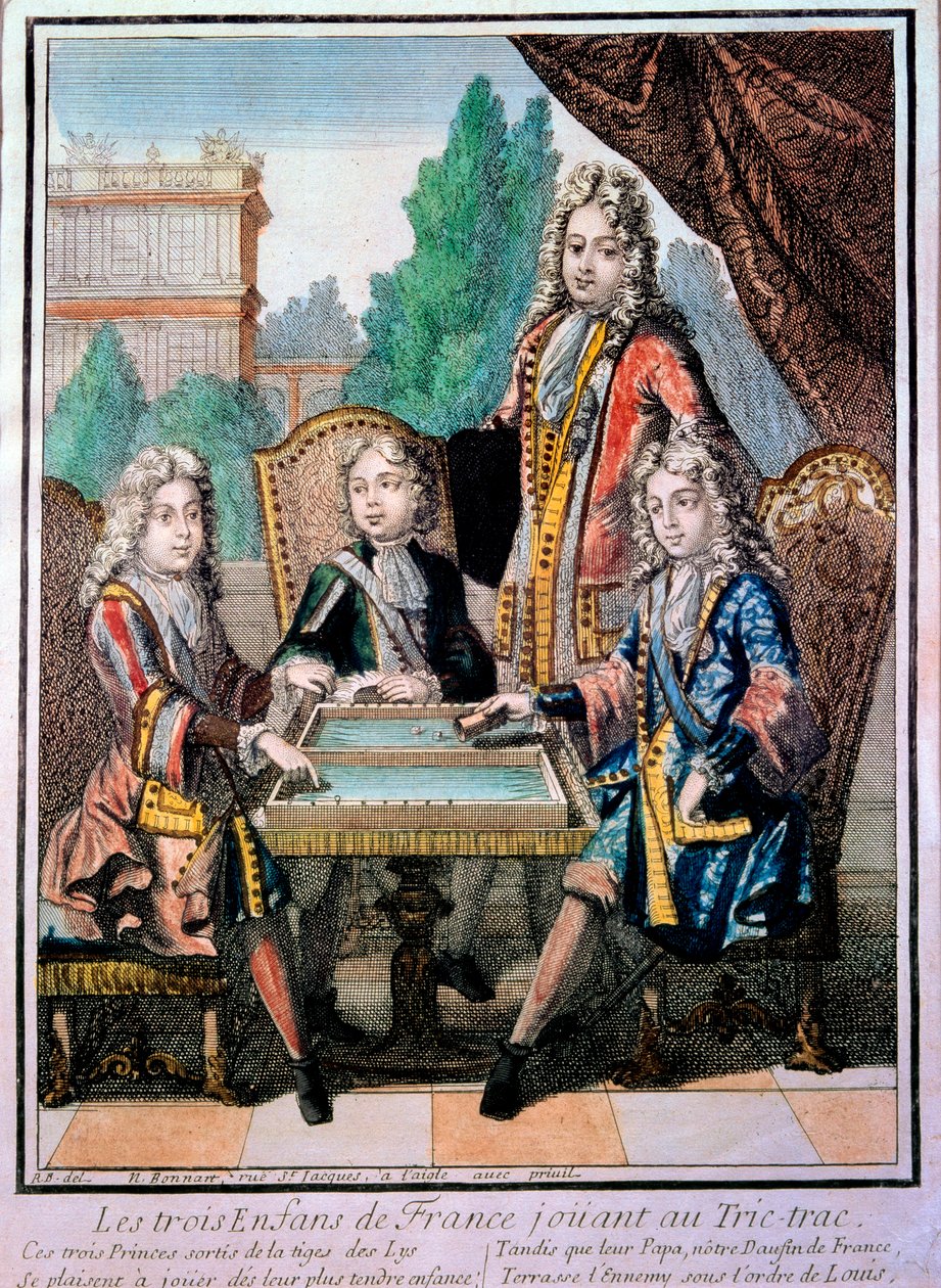 Wnukowie Ludwika XIV (1638-1715), księcia Burgundii Ludwika (zm. 1712), księcia Andegaweńskiego Filipa (1683-1746) i księcia Berry Karola z ojcem Ludwikiem (zm. 1711), delfinem Francji, grając w trik (Trictrac lub Trictrac: przodek backga autorstwa Nicolas Bonnart
