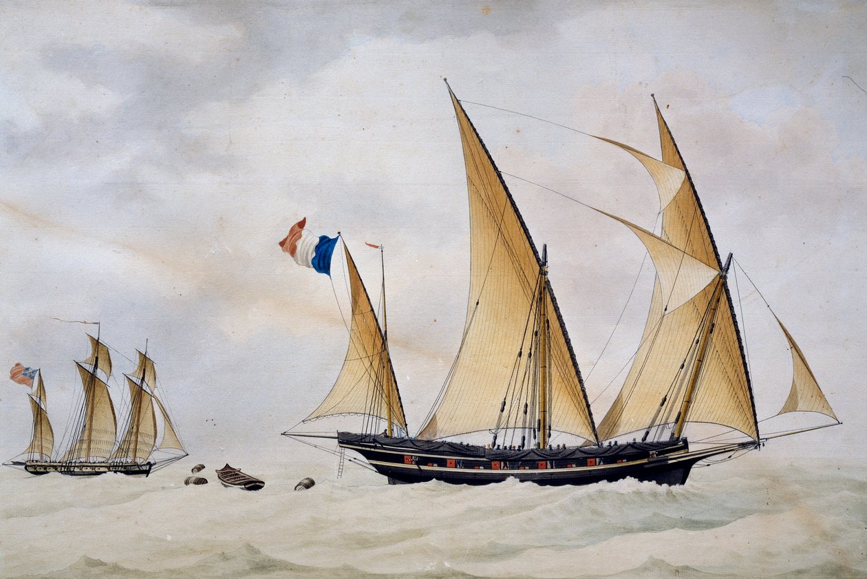 Santo Stefano di Laigueglia xebec ścigany przez angielskiego korsarza autorstwa Nicolas Cammillieri