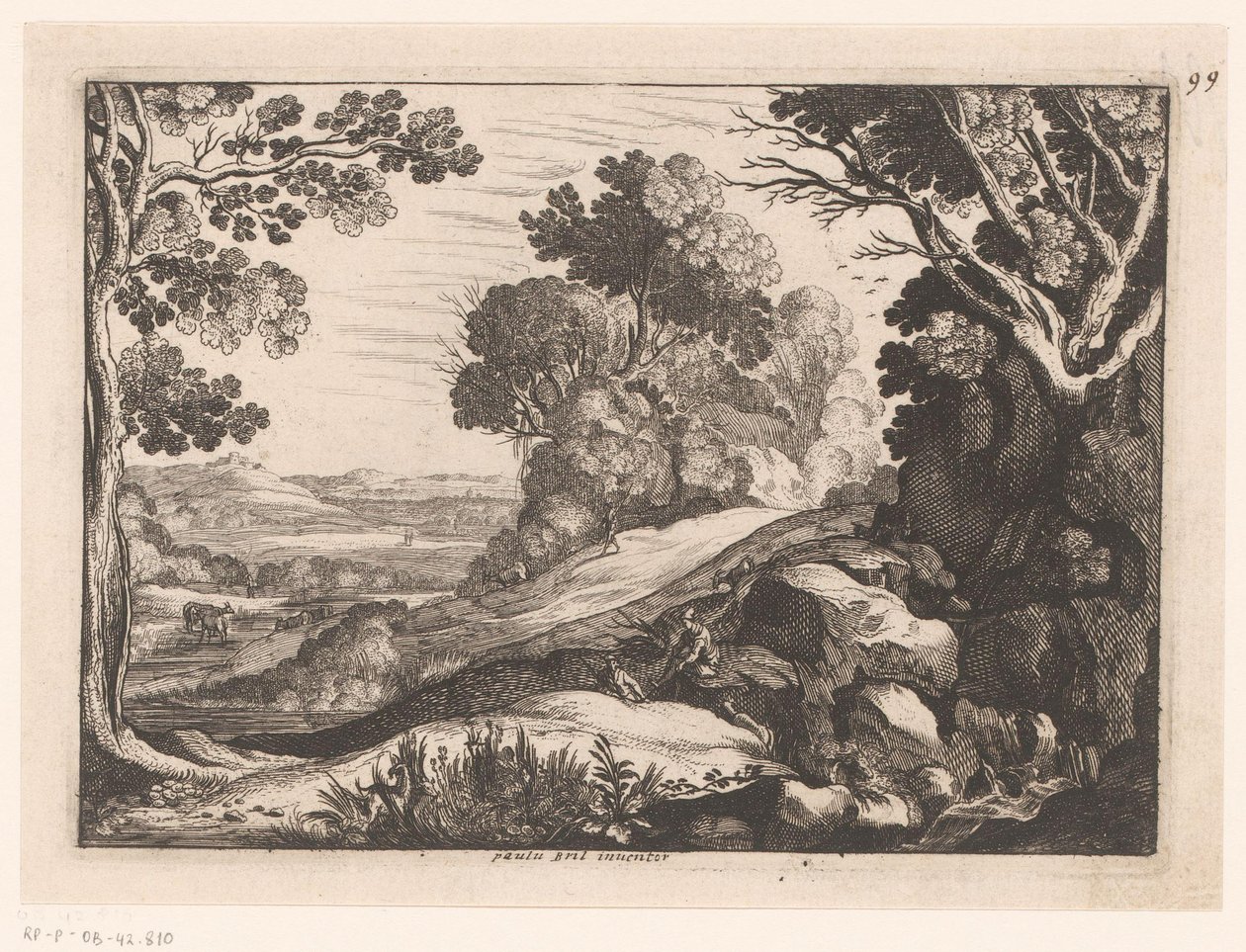 Pagórkowaty krajobraz z dwoma pasterzami kóz Wyidealizowane krajobrazy (tytuł serii) autorstwa Nicolas Cochin (attributed to)