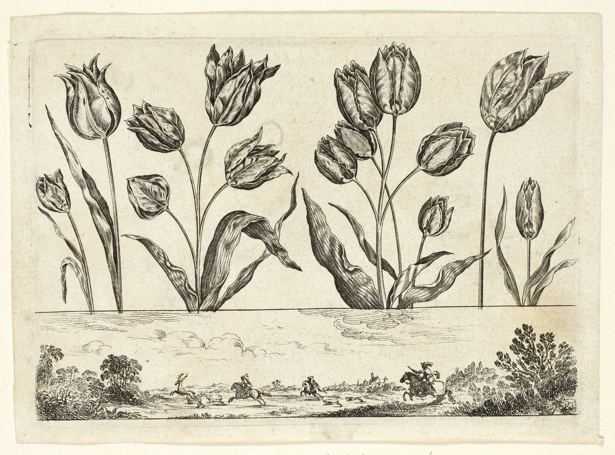Kwiaty i scena polowania, z Livre Nouveau de Fleurs... autorstwa Nicolas Cochin