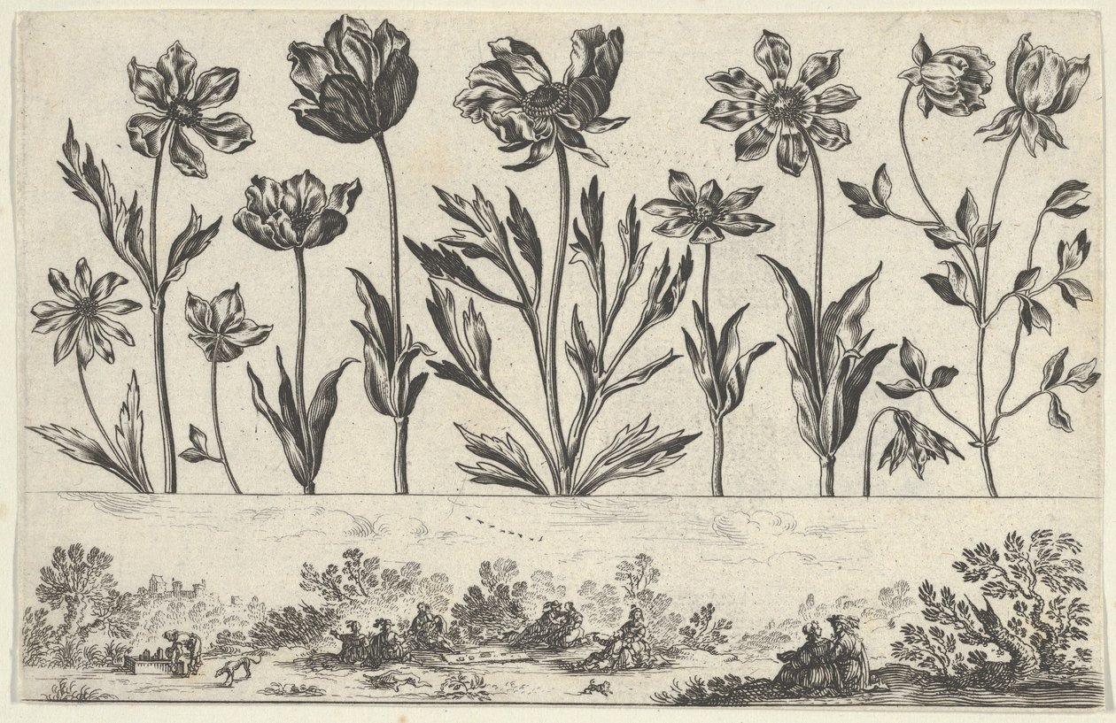 Panel poziomy z rzędem kwiatów nad fryzem z postaciami w krajobrazie, z Li..., 1645. autorstwa Nicolas Cochin