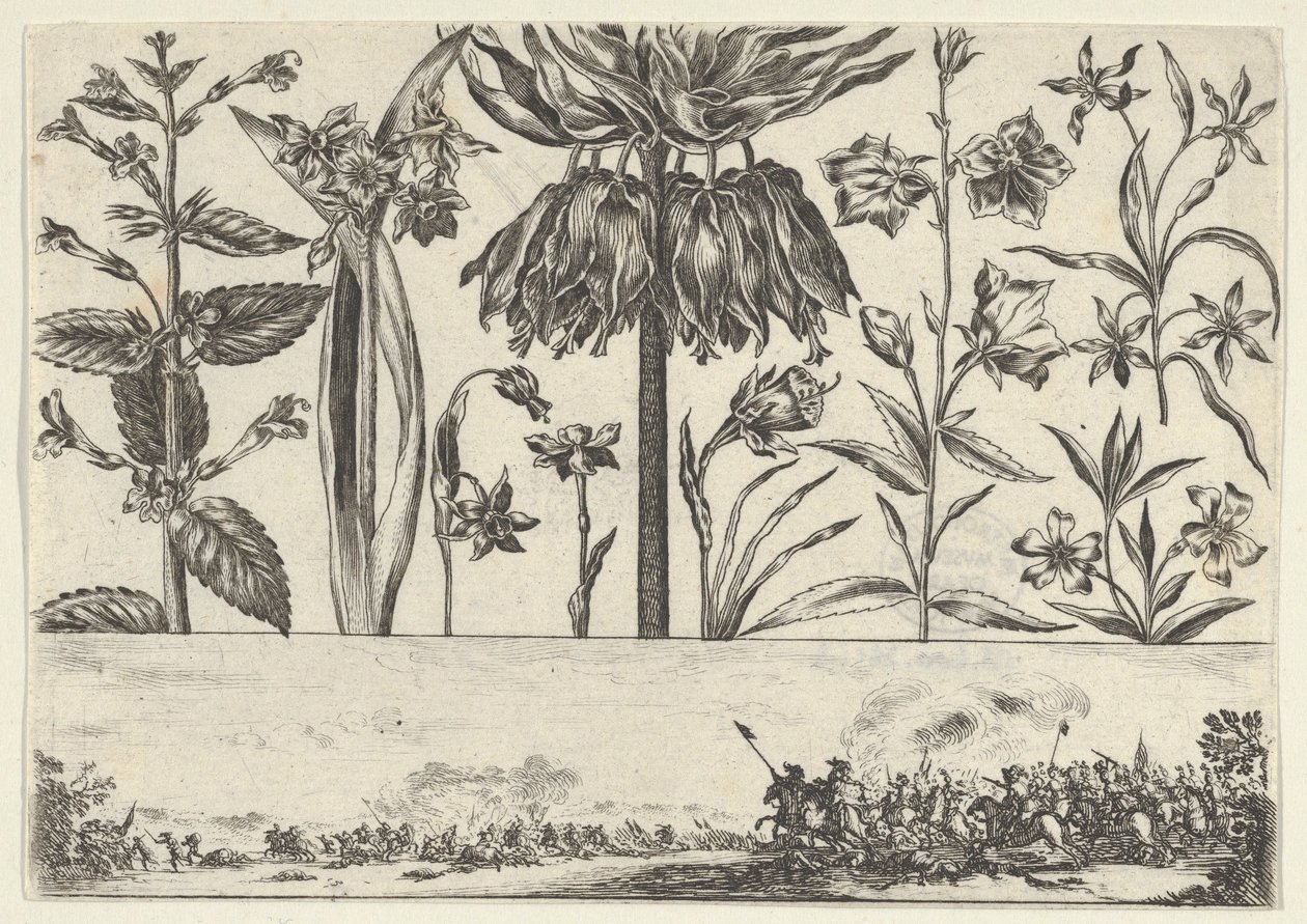 Panel poziomy z rzędem kwiatów nad fryzem ze sceną bitewną w pejzażu, ..., 1645. autorstwa Nicolas Cochin