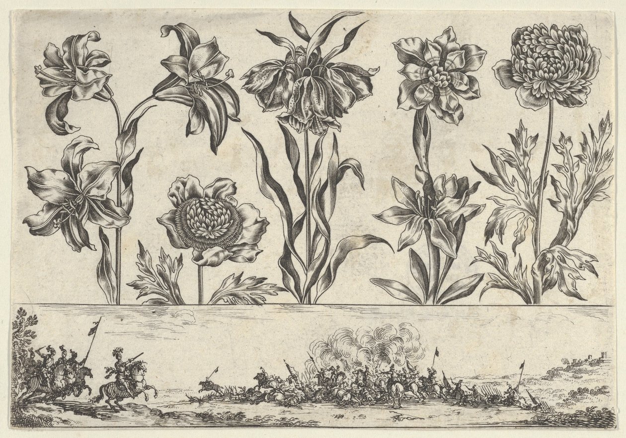 Pozioma tablica z rzędem kwiatów nad fryzem ze sceną bitewną w pejzażu, ..., 1645. autorstwa Nicolas Cochin