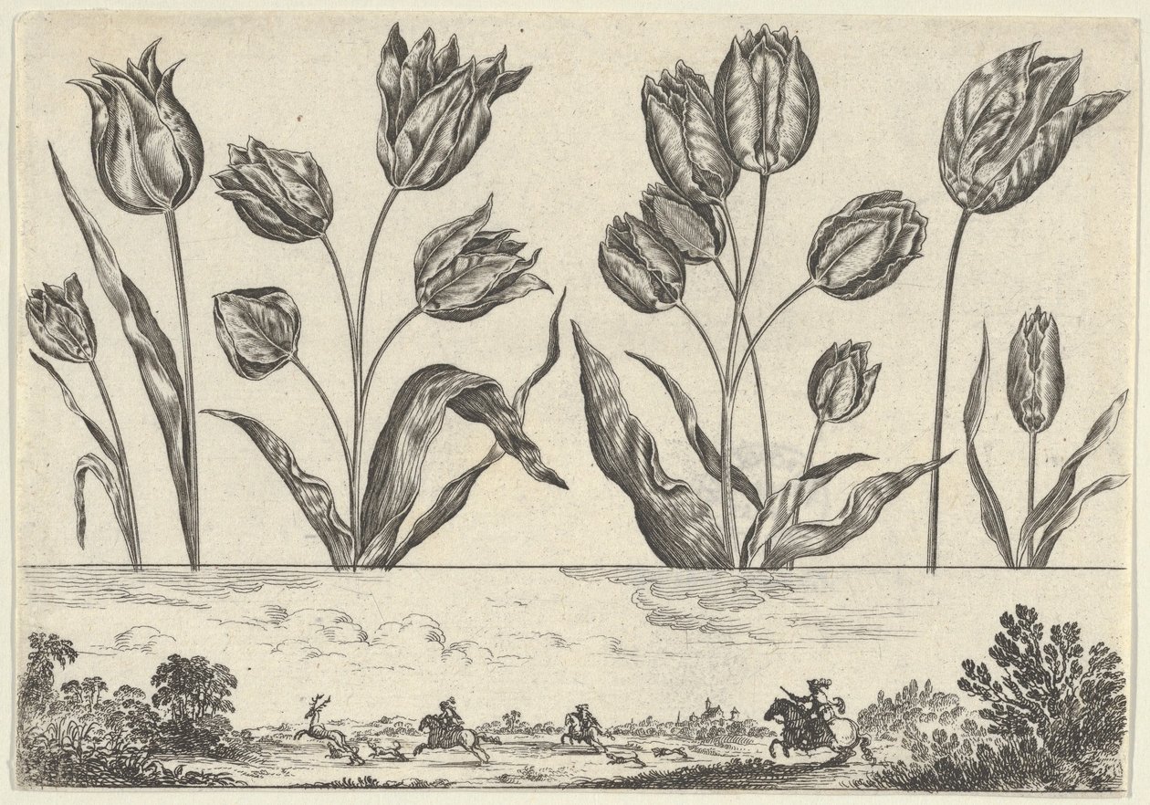 Panel poziomy z rzędem kwiatów nad fryzem ze sceną polowania w pejzażu,..., 1645. autorstwa Nicolas Cochin