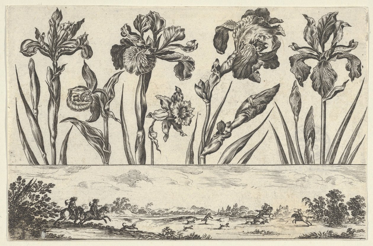 Panel poziomy z rzędem kwiatów nad fryzem ze sceną polowania w krajobrazie,..., 1645. autorstwa Nicolas Cochin