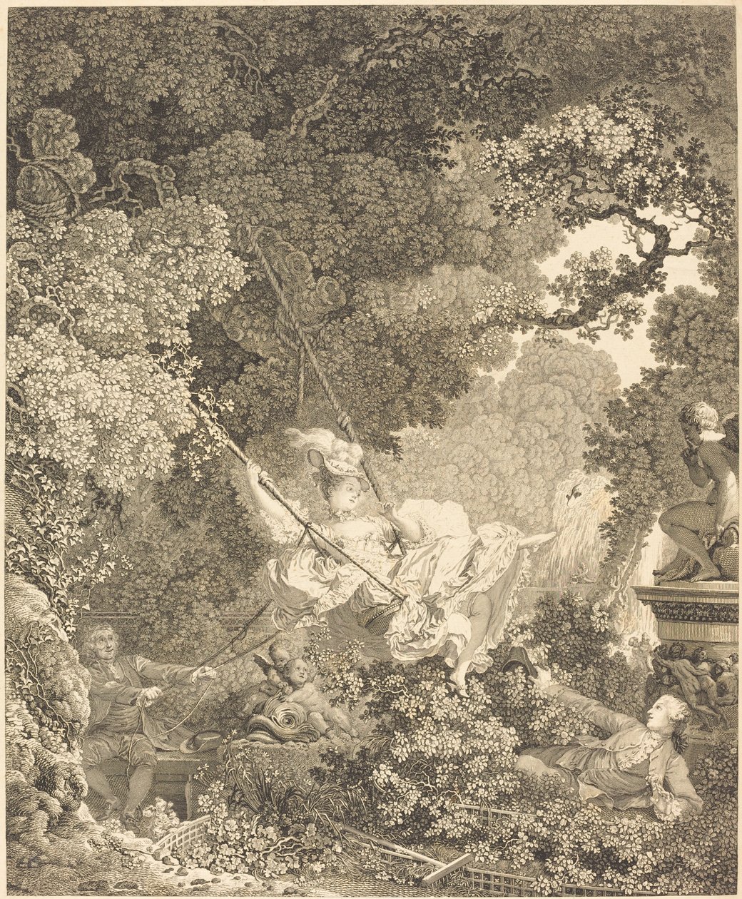 Szczęśliwe niebezpieczeństwa Escarpolette autorstwa Nicolas Delaunay after Jean Honoré Fragonard