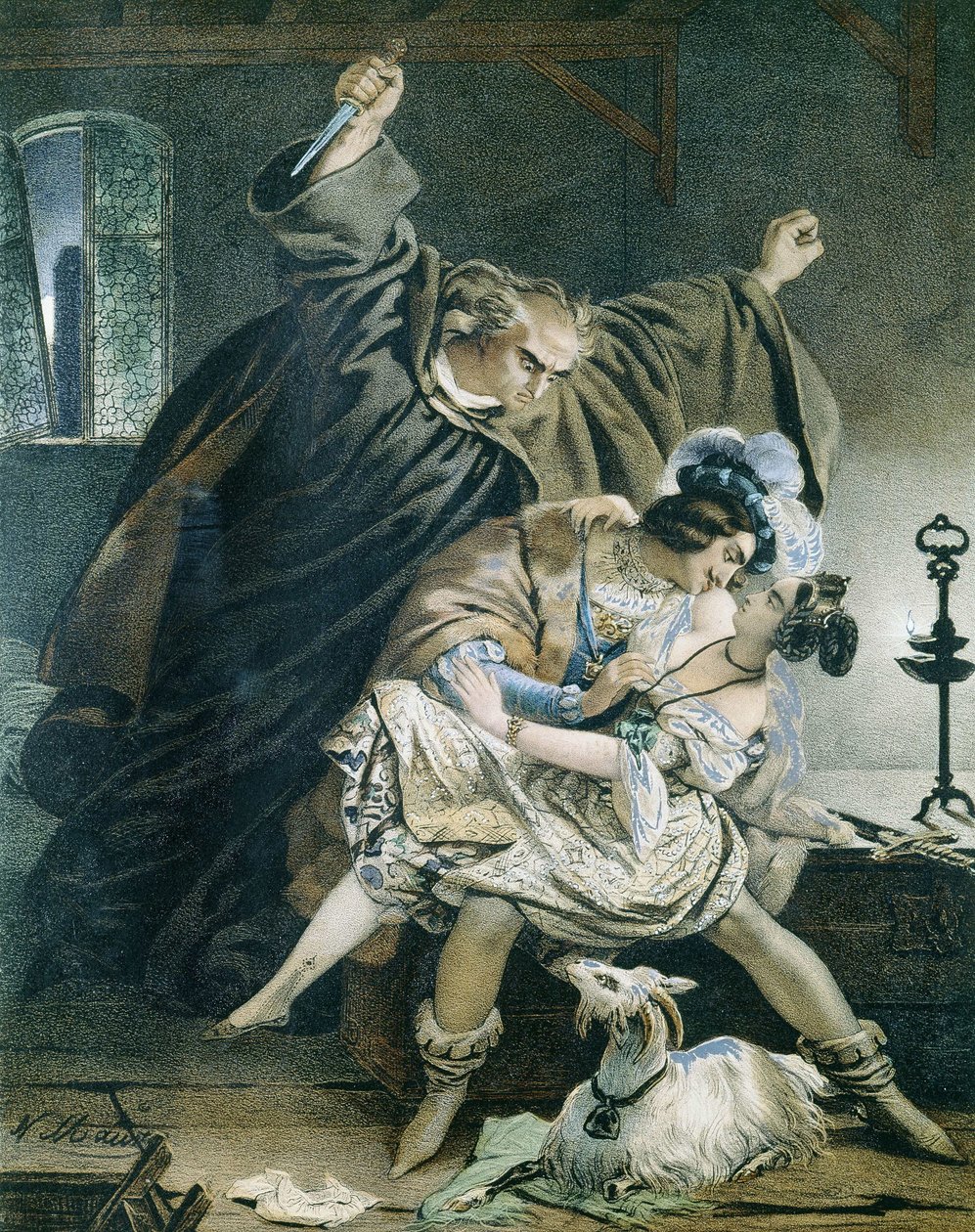 Esmeralda, Phoebus i Claude Frollo (Notre Dame de Paris) autorstwa Victora Hugo.Ilustracja: Nicolas Eustache Maurin 1799-1850 Ze zbiorów prywatnych. autorstwa Nicolas Eustache Maurin