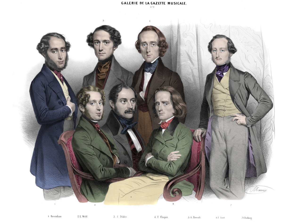 Galerie de la Gazette musicale N. 2. Celebres z 1842 r.: Fryderyk Chopin (1810-1849) Franciszek Liszt (1811-1886), Jacob (Jakob, Jacques) Rosenhain, Edouard Wolff, Zygmunt Thalberg, Adolf von Henselt, Theodor (Theodore) Dohler (1814-1856). Grawerowanie prz autorstwa Nicolas Eustache Maurin