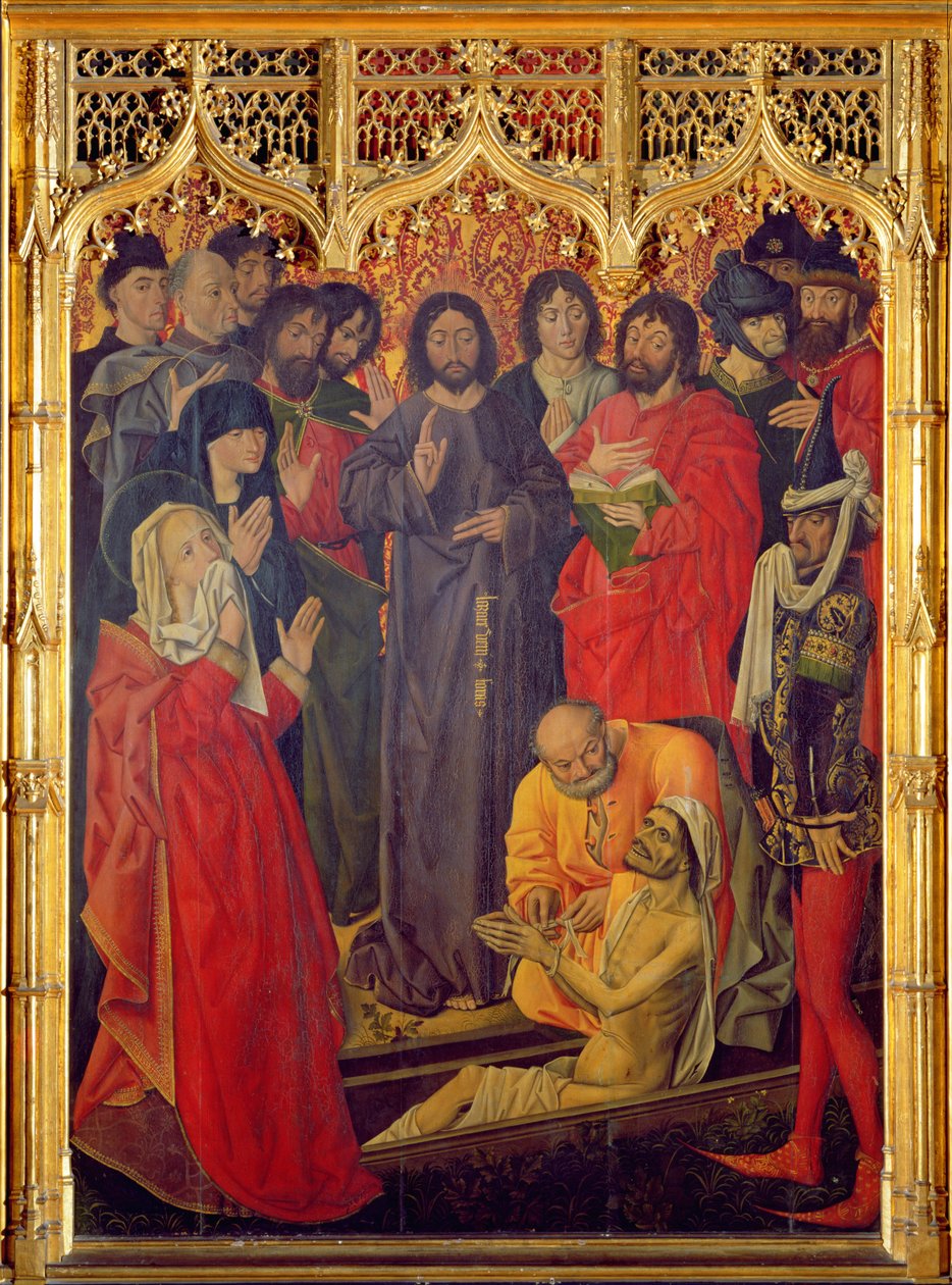 Tryptyk Zmartwychwstanie Łazarza, centralny panel Łazarza wznoszący się z jego trumny, 1461 autorstwa Nicolas Froment