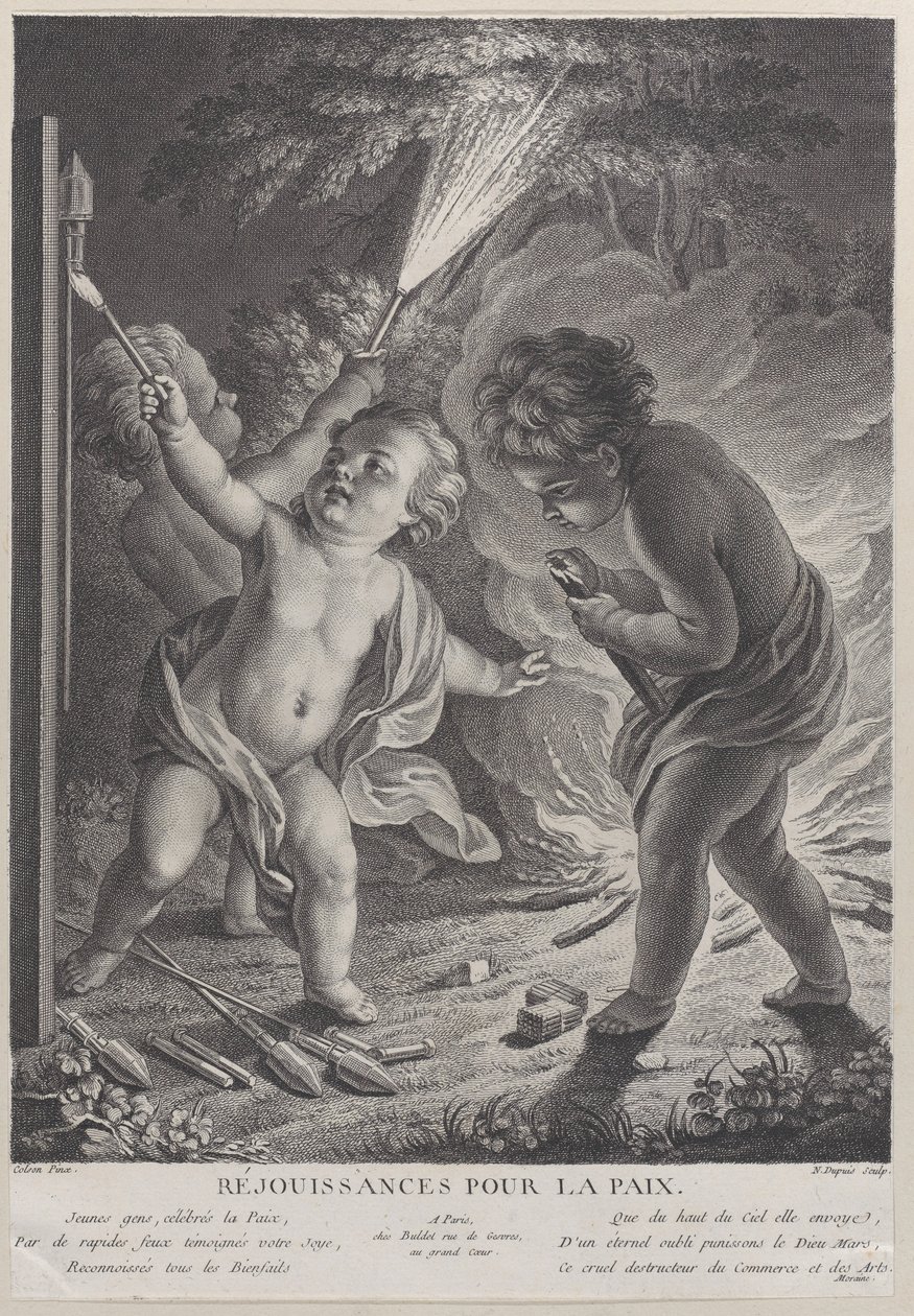 Świętowanie pokoju Świętowanie pokoju, trzy putta z fajerwerkami, 1745-71., 1745-71. autorstwa Nicolas Gabriel Dupuis