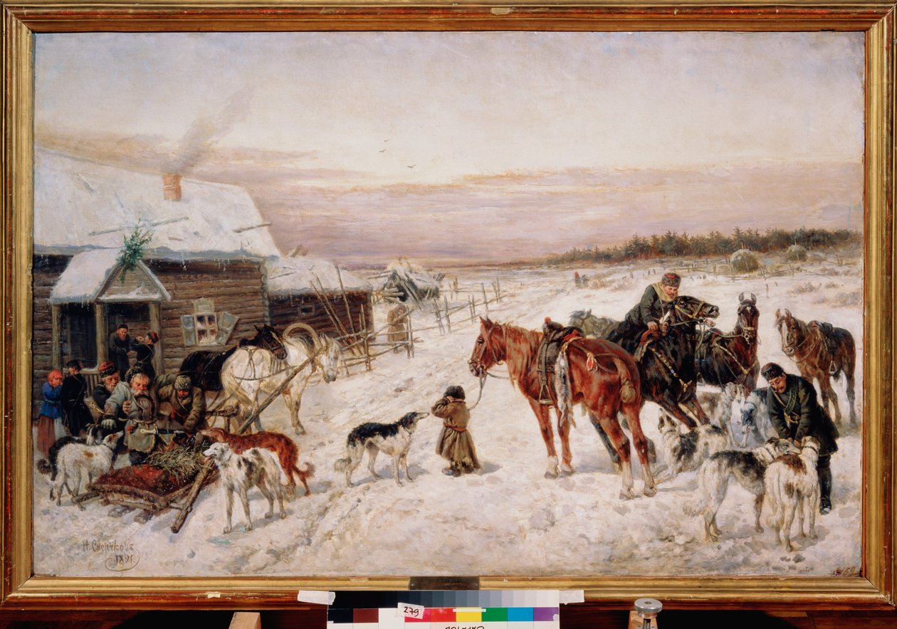 Przed pubem zimą - Obraz Nikołaja Jegorowicza Sverchkova (Nicolas Swertschkoff) (1817-1898), olej na płótnie autorstwa Nicolas Gregorovitch Svertschkoff