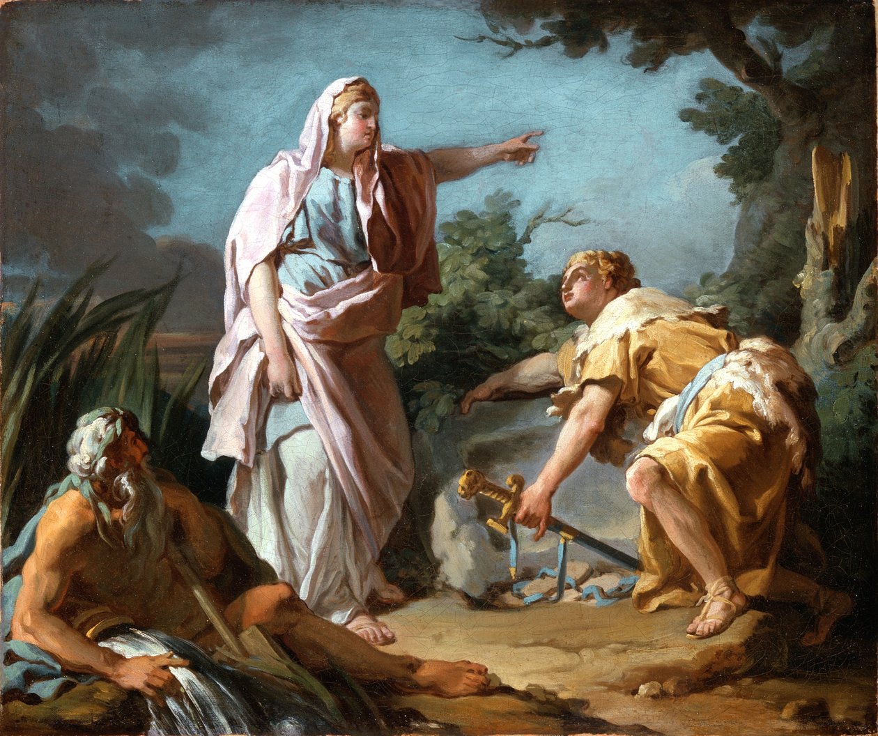 Aethra pokazuje swojemu synowi Tezeuszowi miejsce, w którym jego ojciec ukrył ramiona, 1768 r. autorstwa Nicolas Guy Brenet