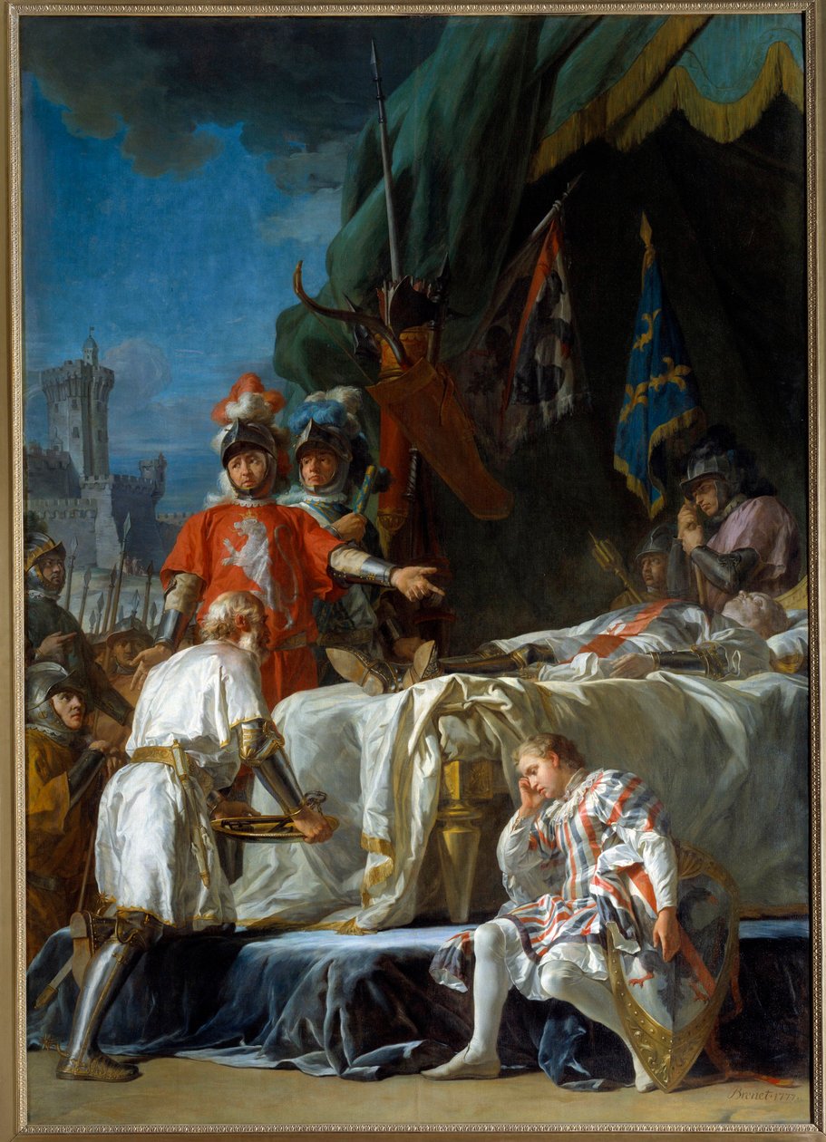 Wojna stuletnia: „” Śmierć Bernarda du Guesclin (1320-1380) przed Chateauneuf de Randon 13/07/1380”” Obraz Nicolas Guy Brenet (1728-1792) XVIII w. Ndz. 3,83x2,64 m Paryż, autorstwa Nicolas Guy Brenet