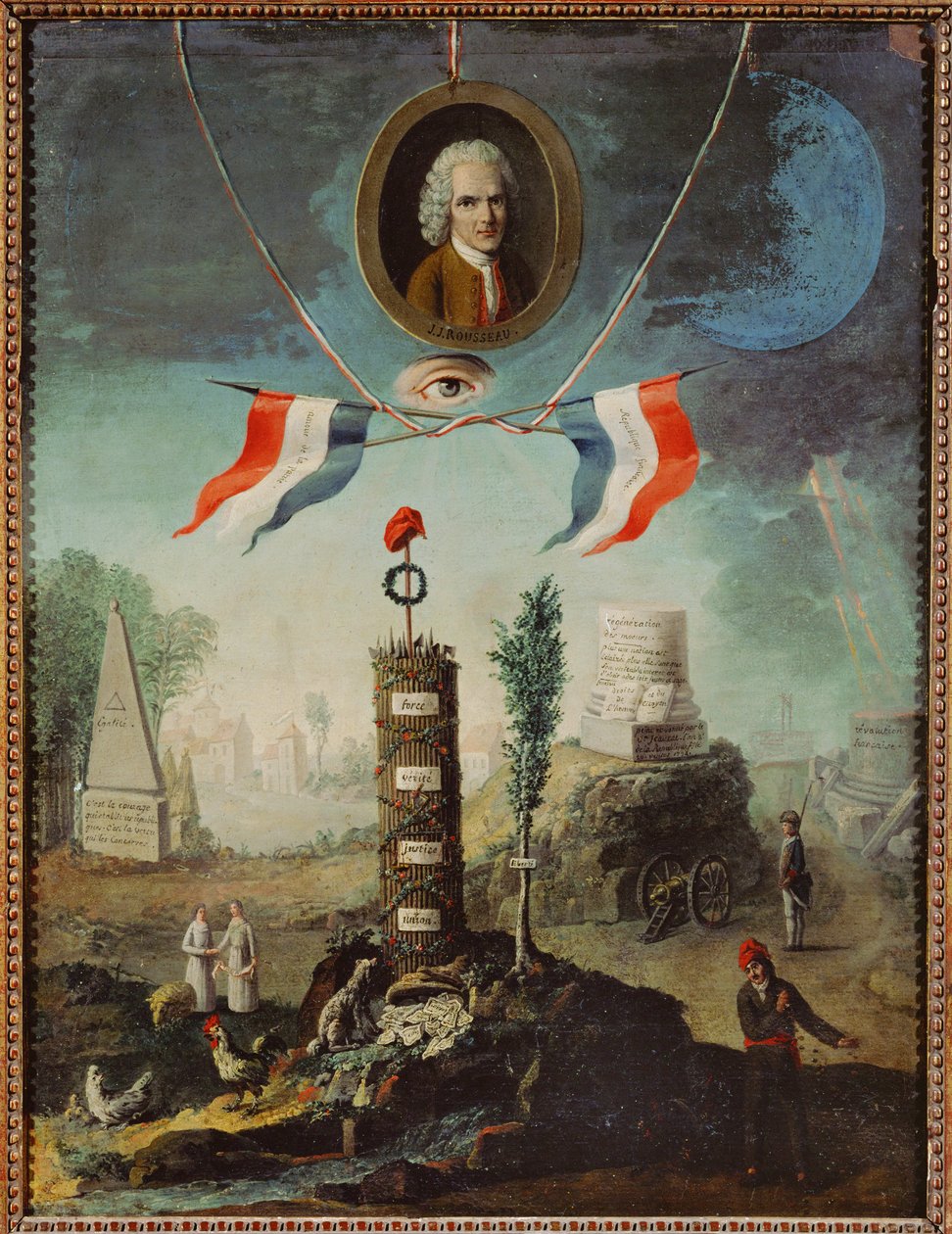 Alegoria rewolucji francuskiej z portretem Jeana-Jacquesa Rousseau i jakobińską maską frygijską ... autorstwa Nicolas Henri Jeaurat de Bertry