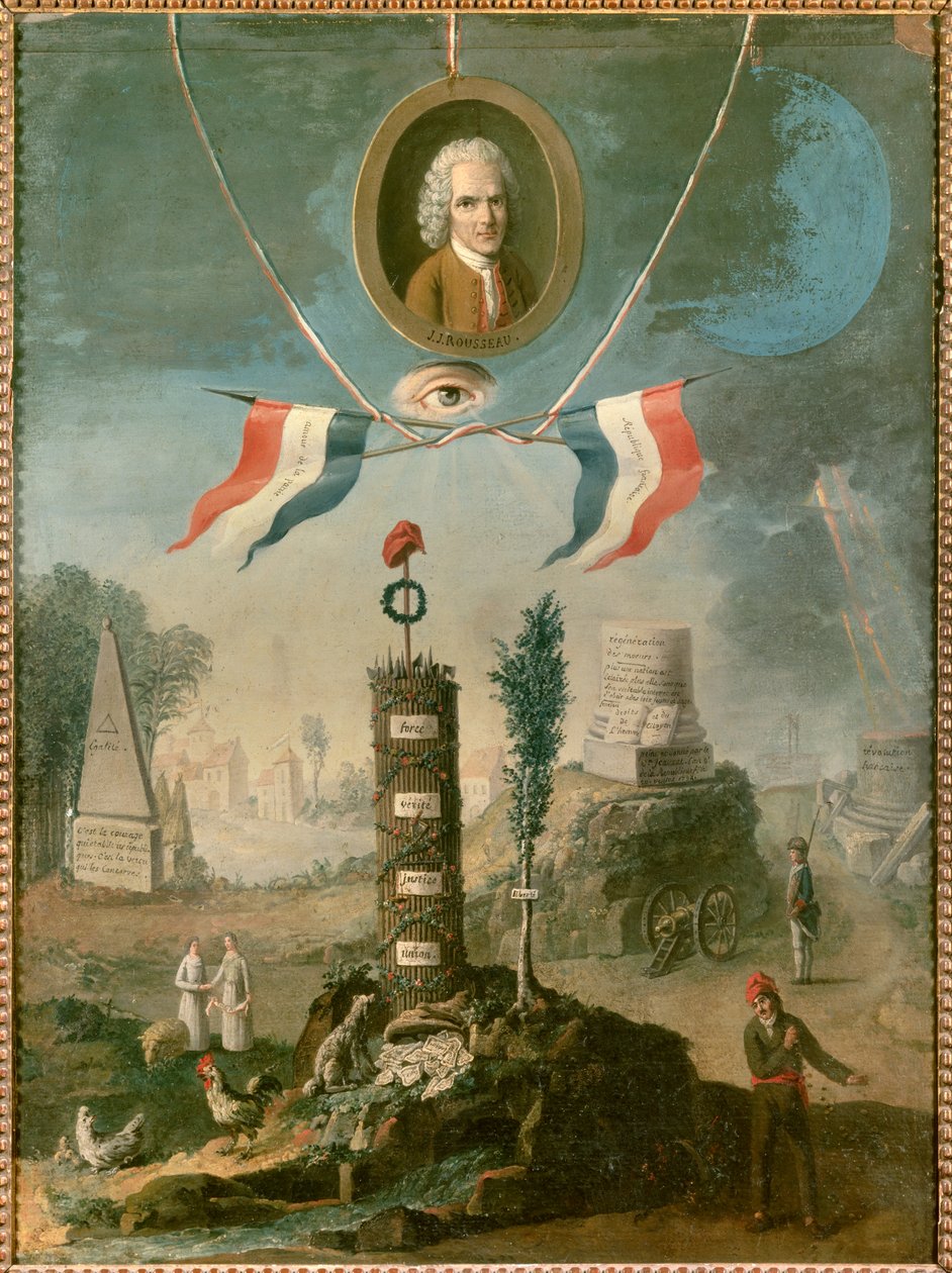 Alegoria Rewolucji: Portret Jeana Jacquesa Rousseau, szwajcarskiego filozofa (1712-1778), z symbolami rewolucji. Obraz Nicolasa Henri Jeaurata De Bertry (1728- ok. 1796) autorstwa Nicolas Henri Jeaurat de Bertry