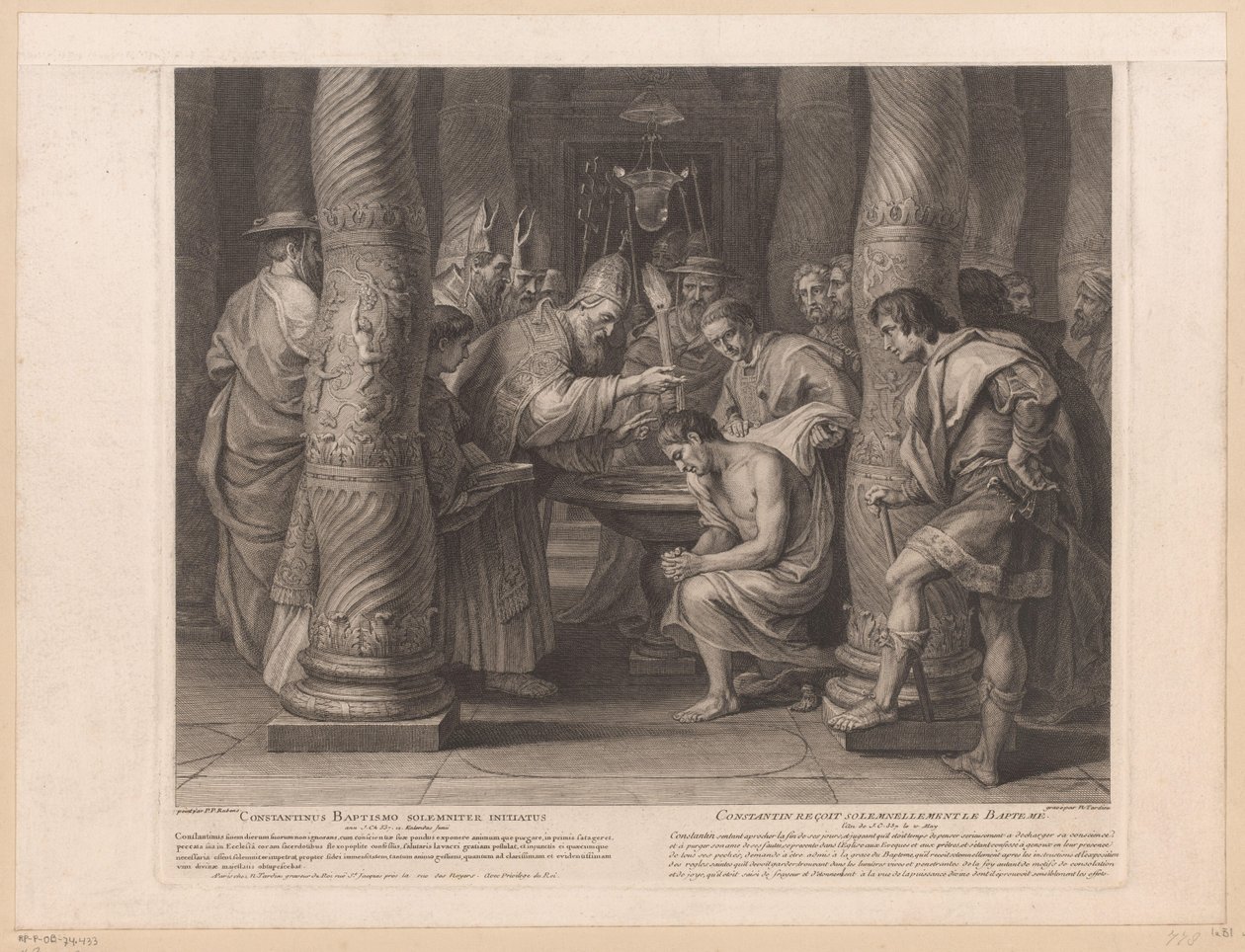 Chrzest cesarza Konstantyna przez papieża Sylwestra I Constantinus baptismo solemniter initiatus / Constantin reçoit solemnelllement le baptème (tytuł przedmiotu) Historia cesarza Konstantyna Wielkiego (tytuł serii) autorstwa Nicolas Henri Tardieu