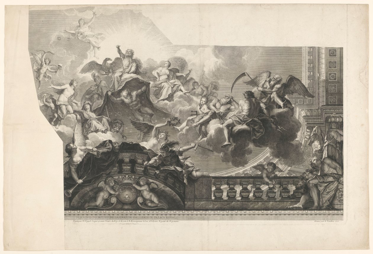 Malowanie sufitu z montażem bogów (tablica 2) Plafond du Milieu de la Grande Gallerie du Palais Royal (tytuł na obiekcie) autorstwa Nicolas Henri Tardieu