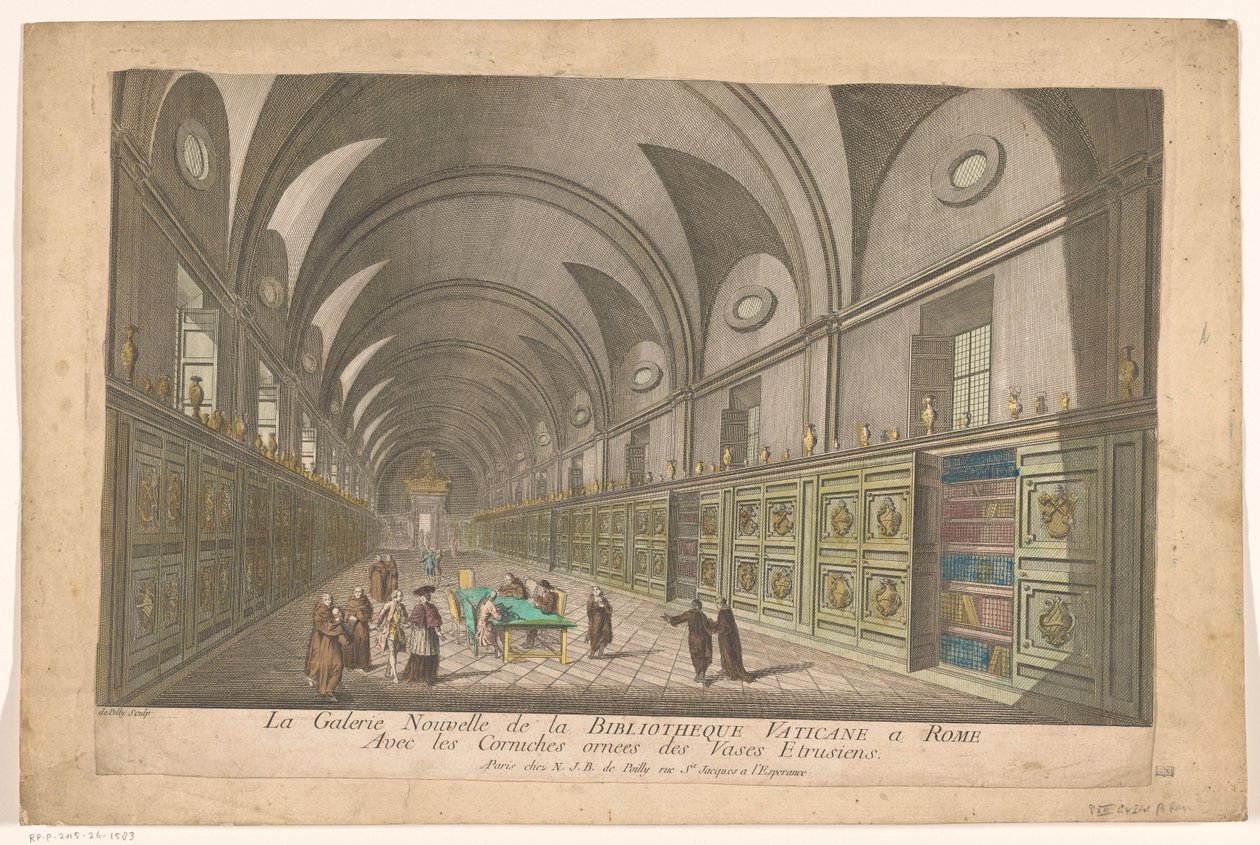 Galeria w Bibliotece Watykańskiej Nowa Galeria Biblioteki Watykańskiej w Rzymie z gzymsami ozdobionymi wazami etruskimi (tytuł na obiekcie) autorstwa Nicolas Jean Baptiste Poilly